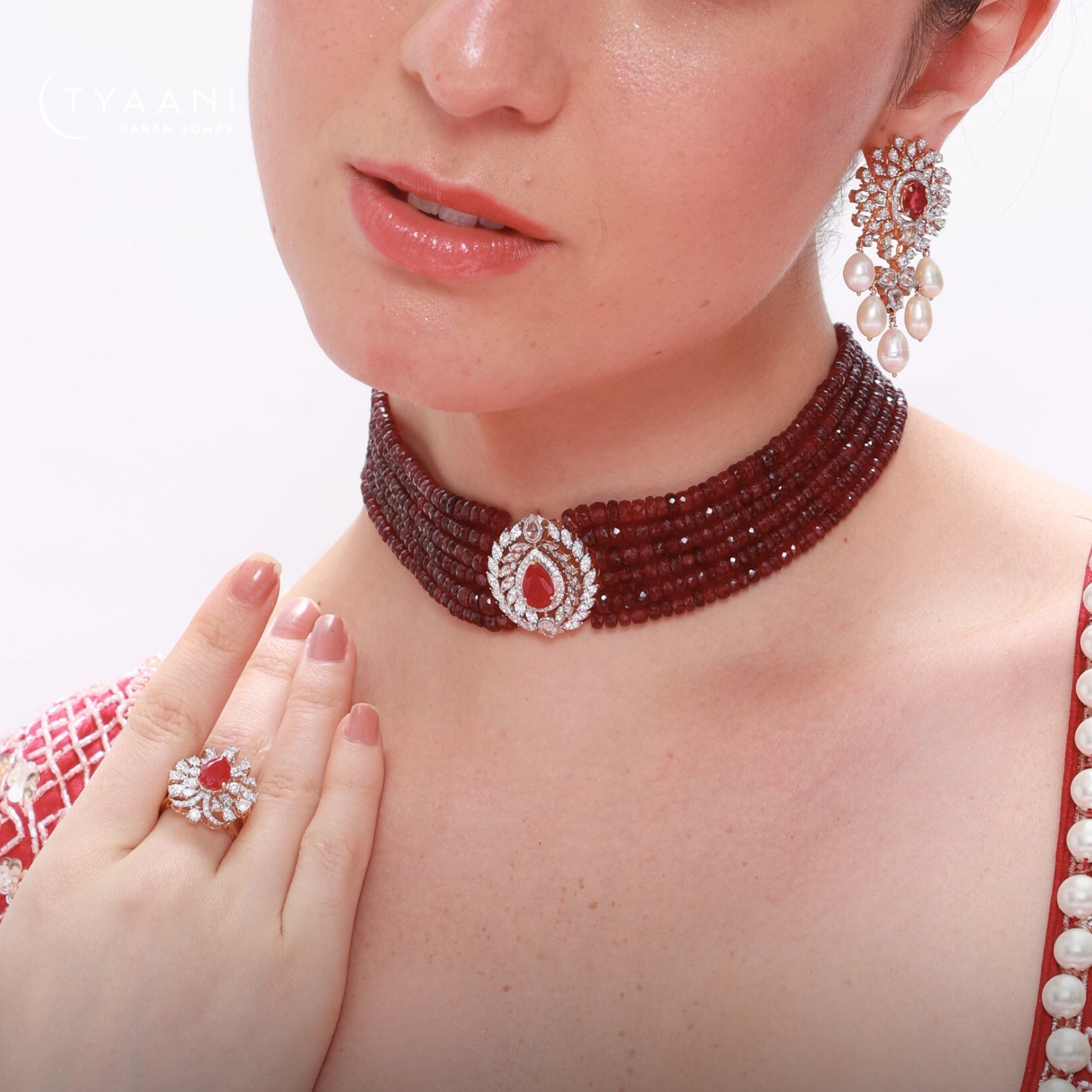 Bead Choker with Diamond Long Earrings