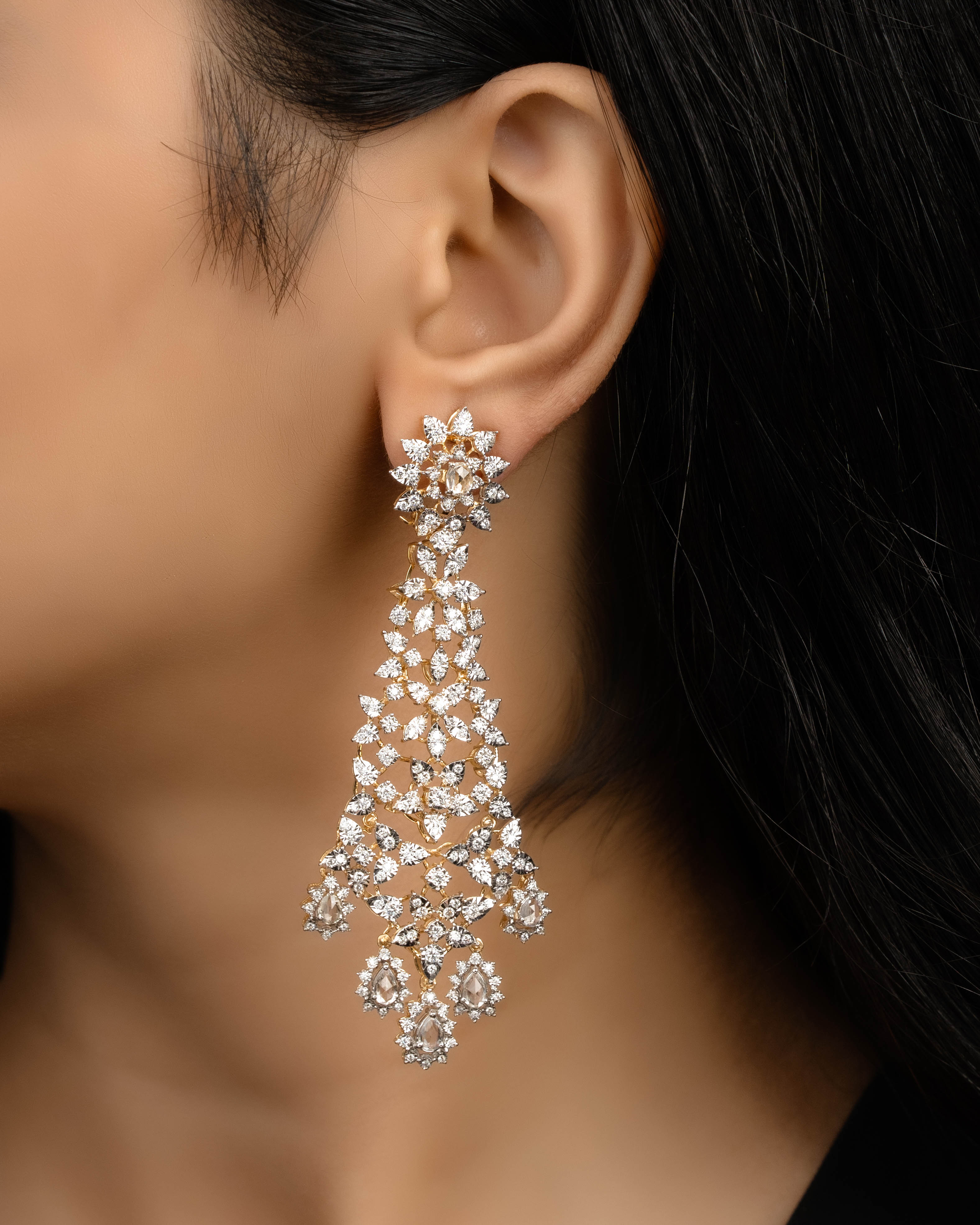 Floral Diamond Long Earrings