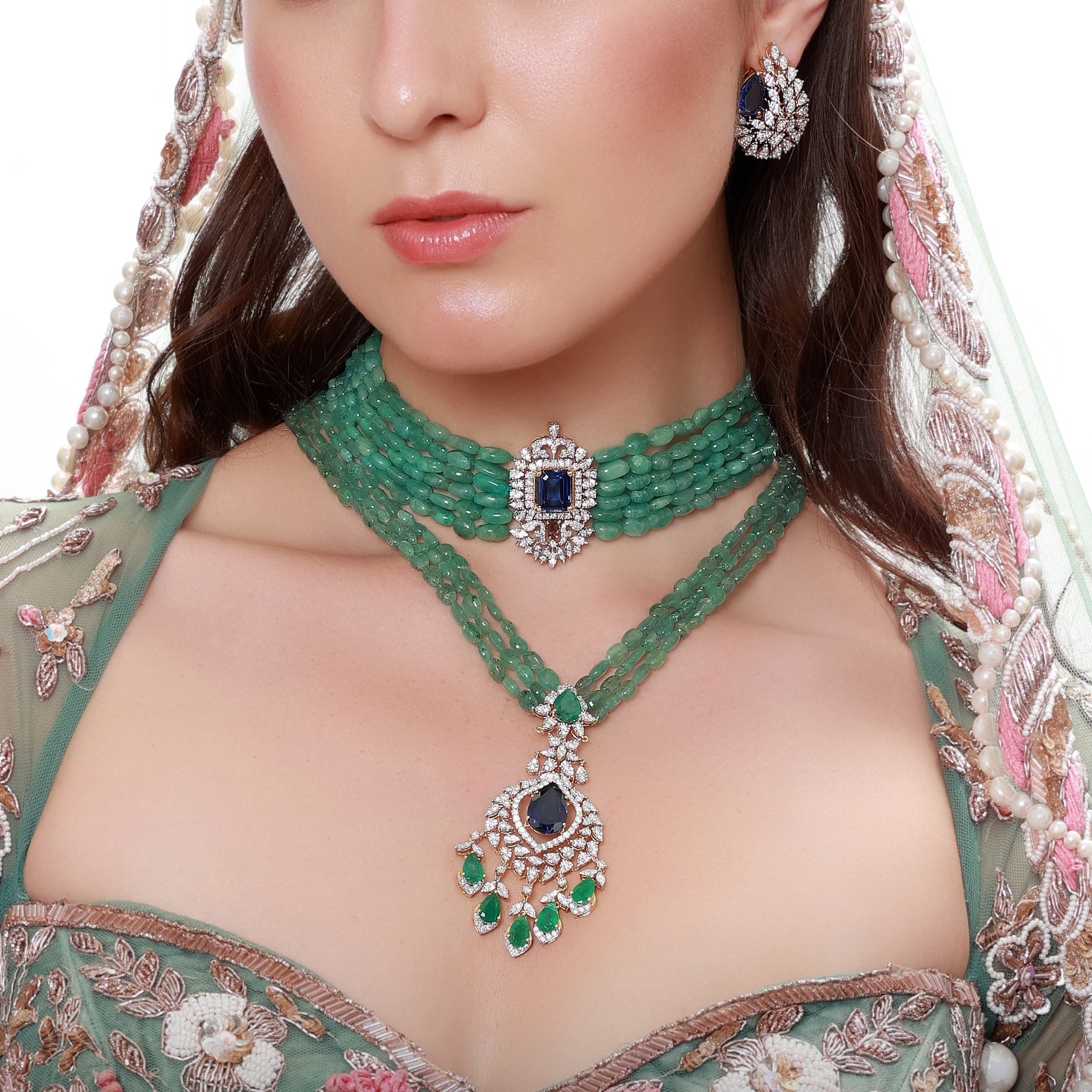 Green Bead Pendant Bridal Set