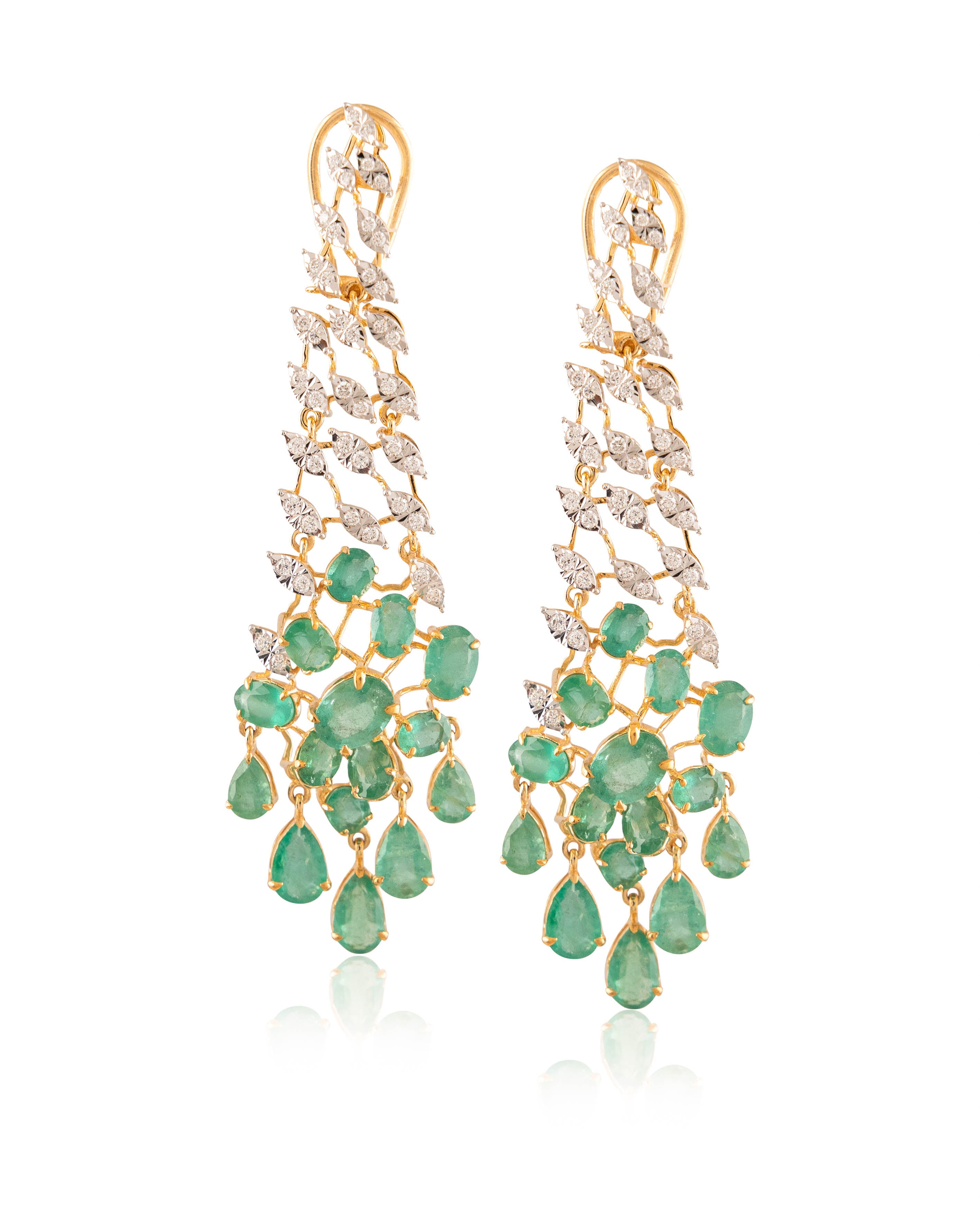 Green Stone Long Diamond Earrings