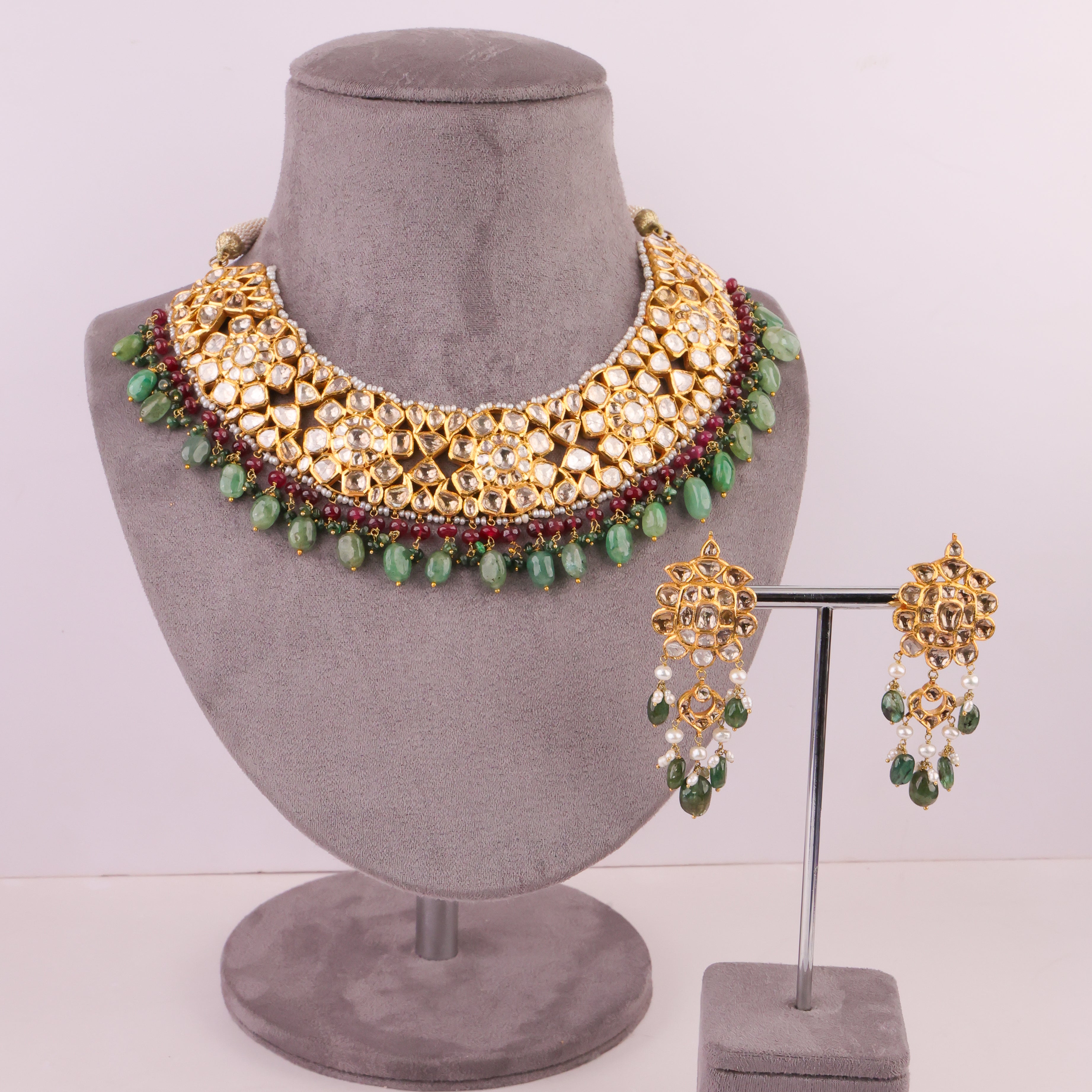 Harveen Necklace And Nimish Long Earrings Polki Set