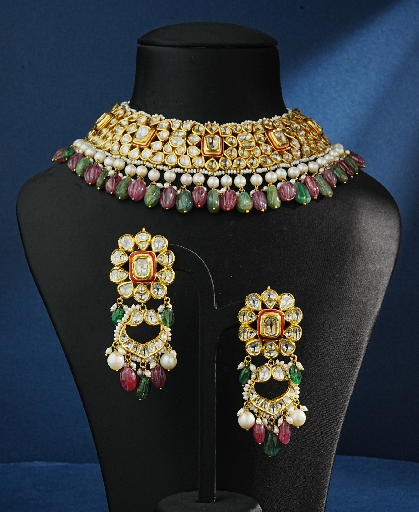 Madhiya Necklace And Pakhi Chandbalis Polki Set