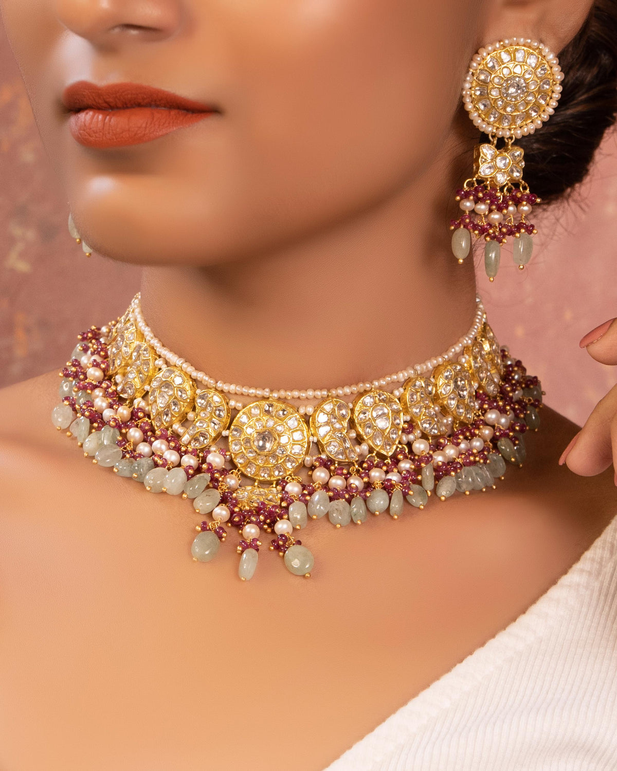 Willow Necklace And Lizbeth Long Earrings Polki Set