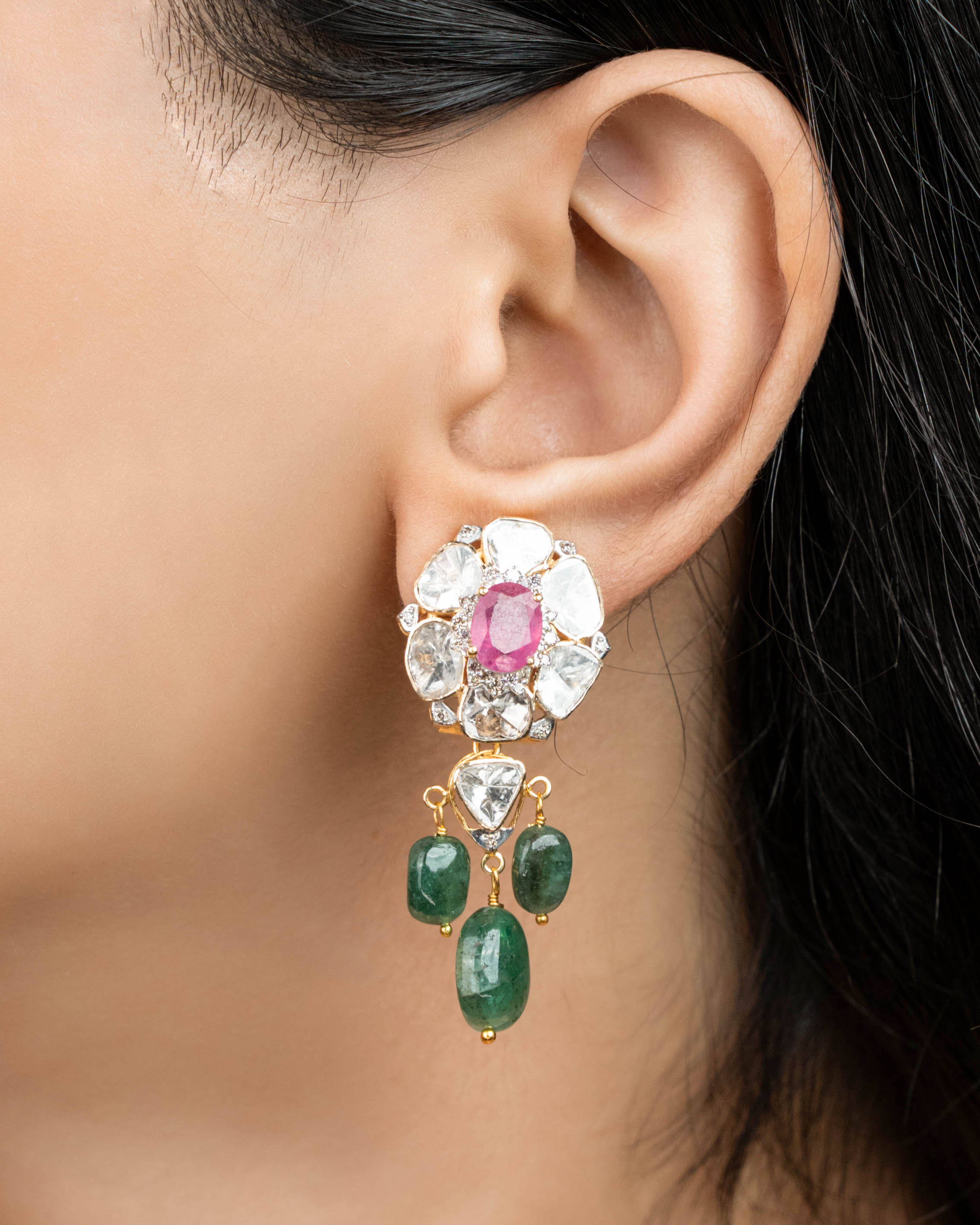 Jahnavi Polki And Diamond Long Earrings