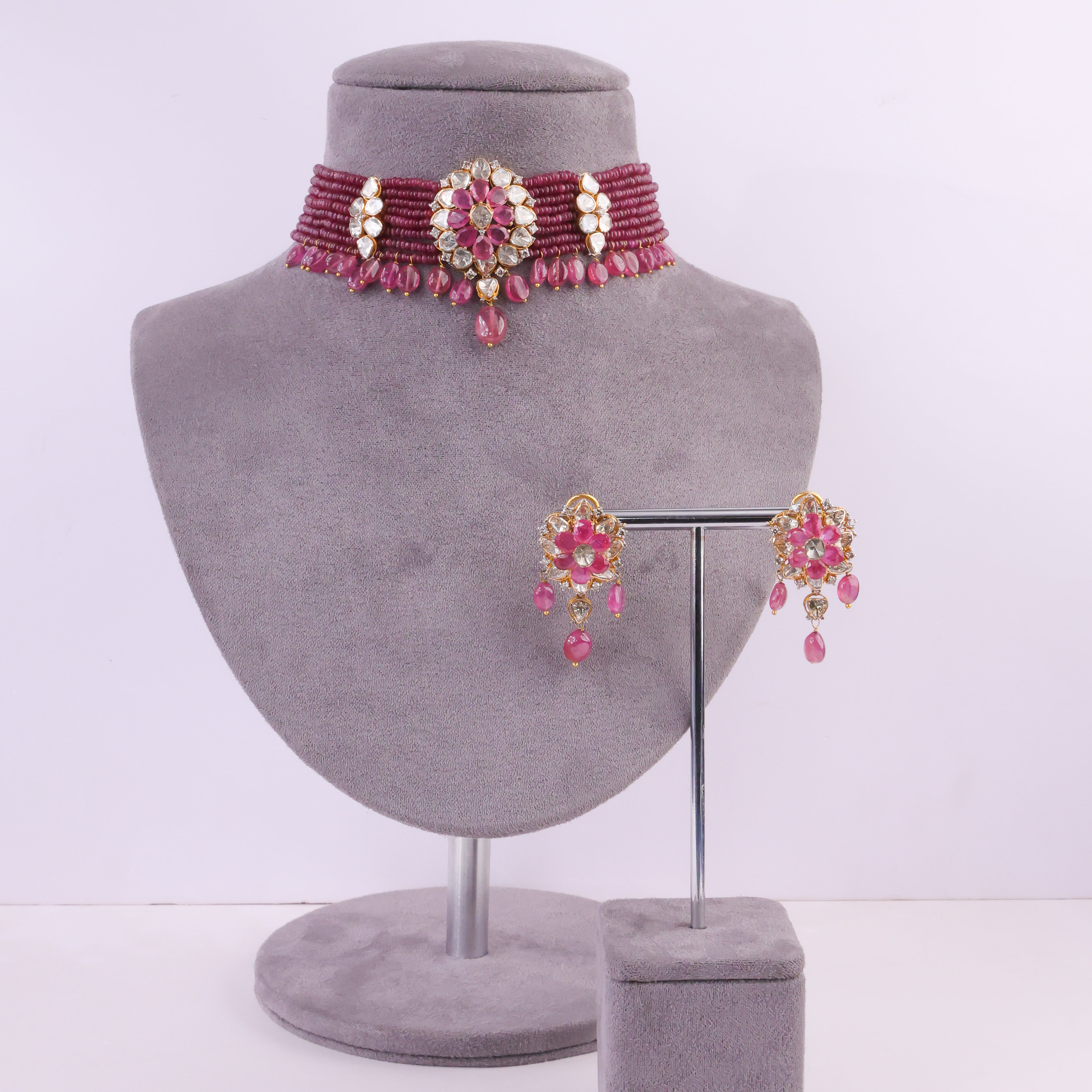 Anshika Bead Choker And Nandhina Long Earrings Polki And Diamond Set
