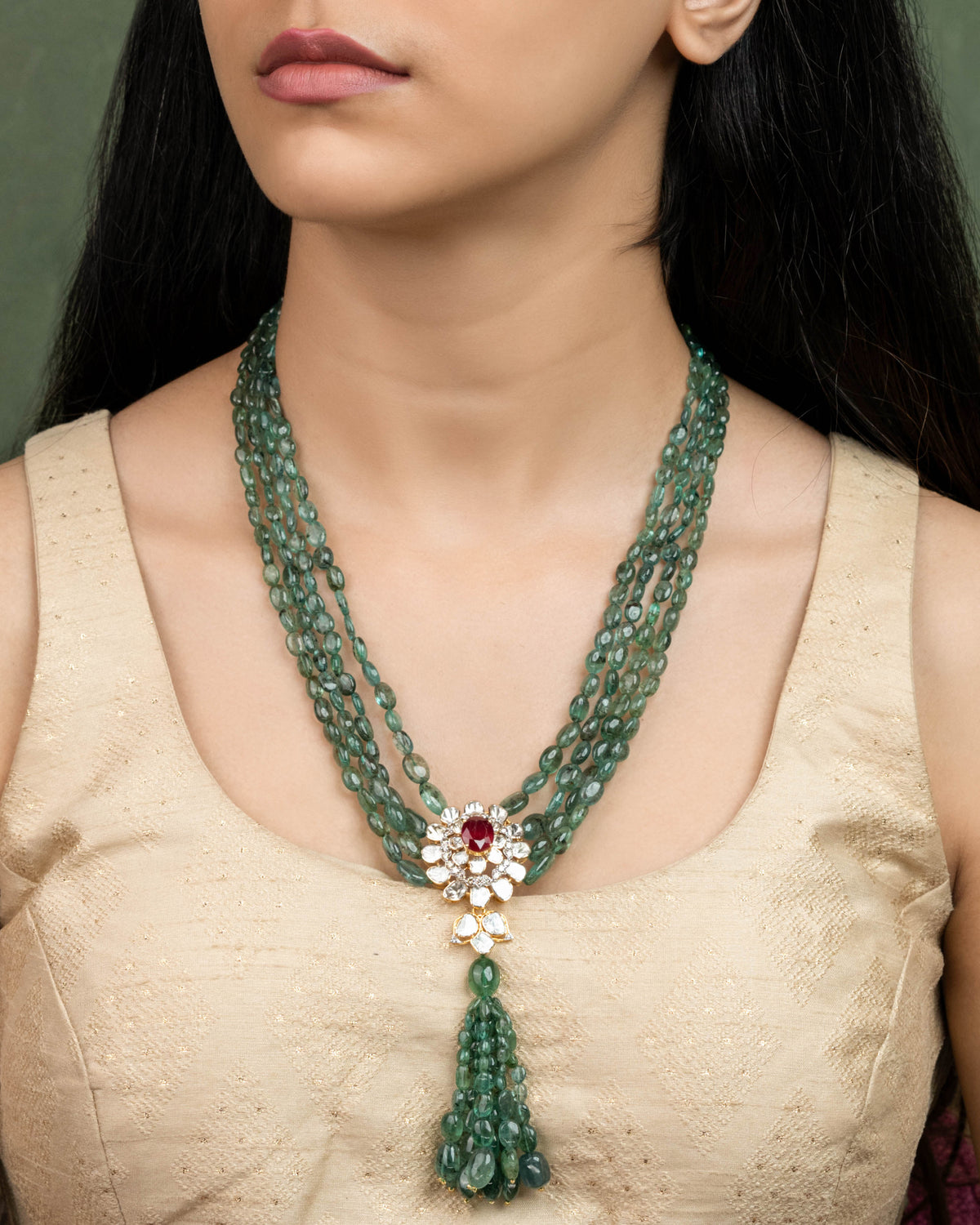 Alyssa Bead Pendant And Parkhi Long Earrings Polki And Diamond Set