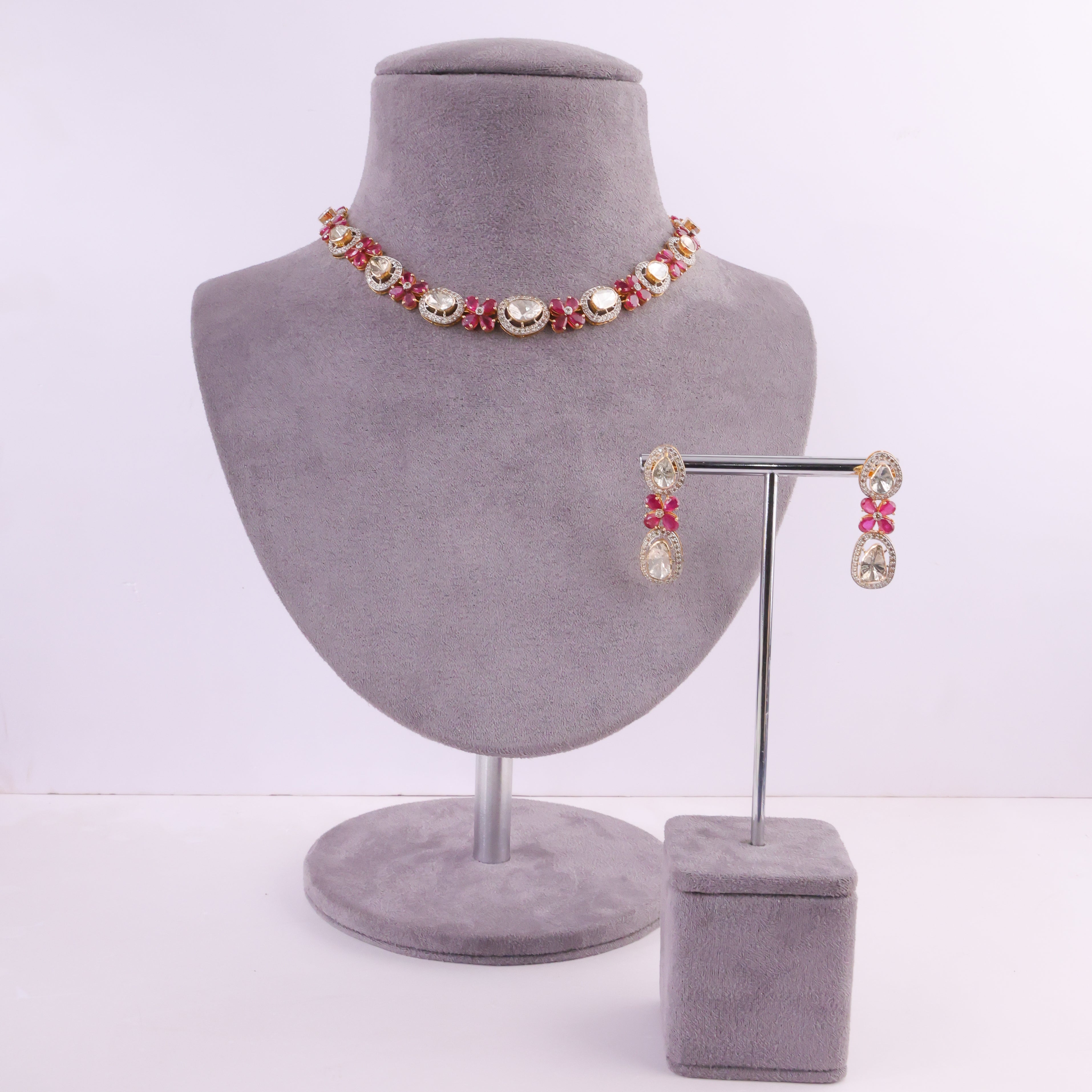 Leena Necklace And Arushi Long Earrings Polki And Diamond Set