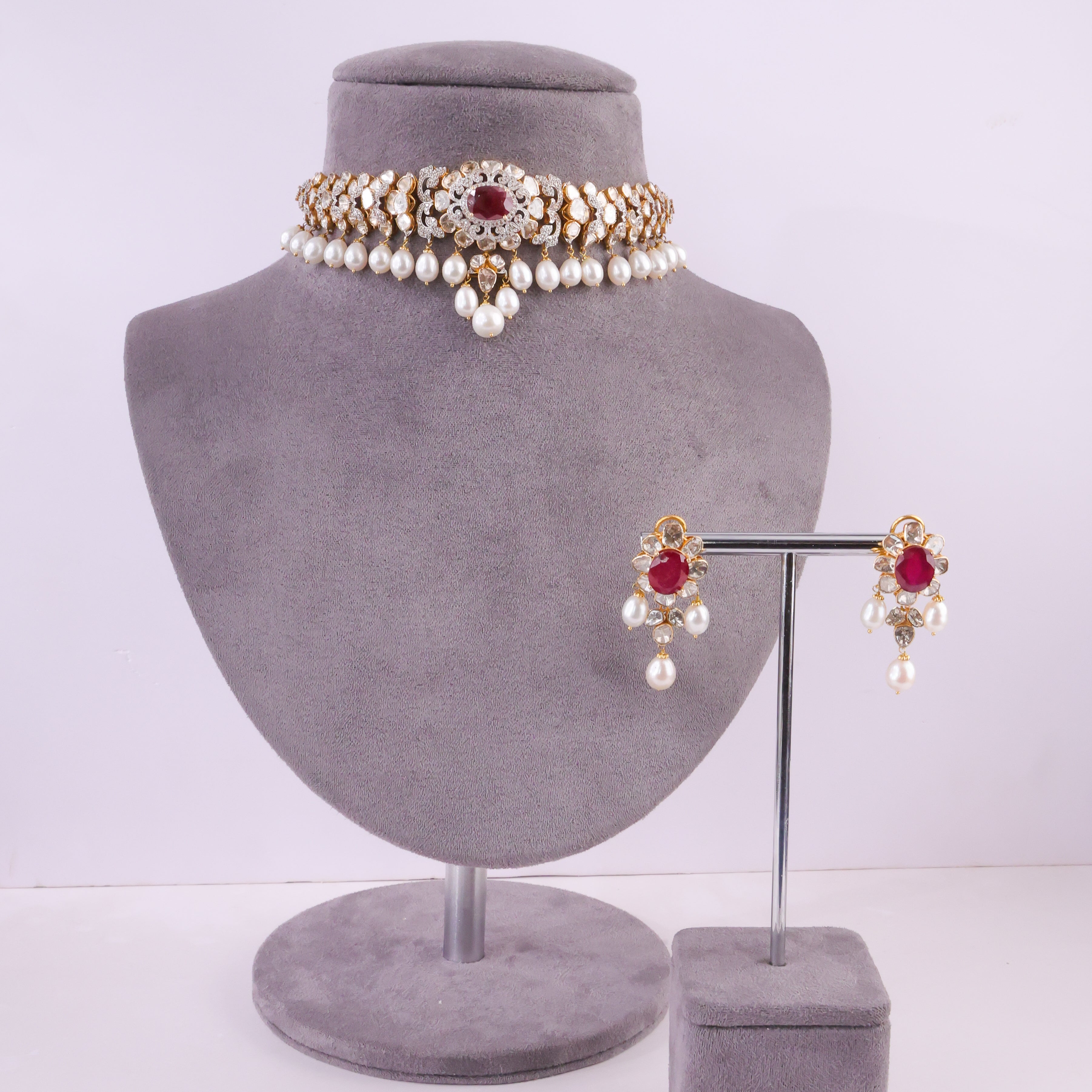 Shikha Choker And Zeenal Long Earrings Polki And Diamond Set