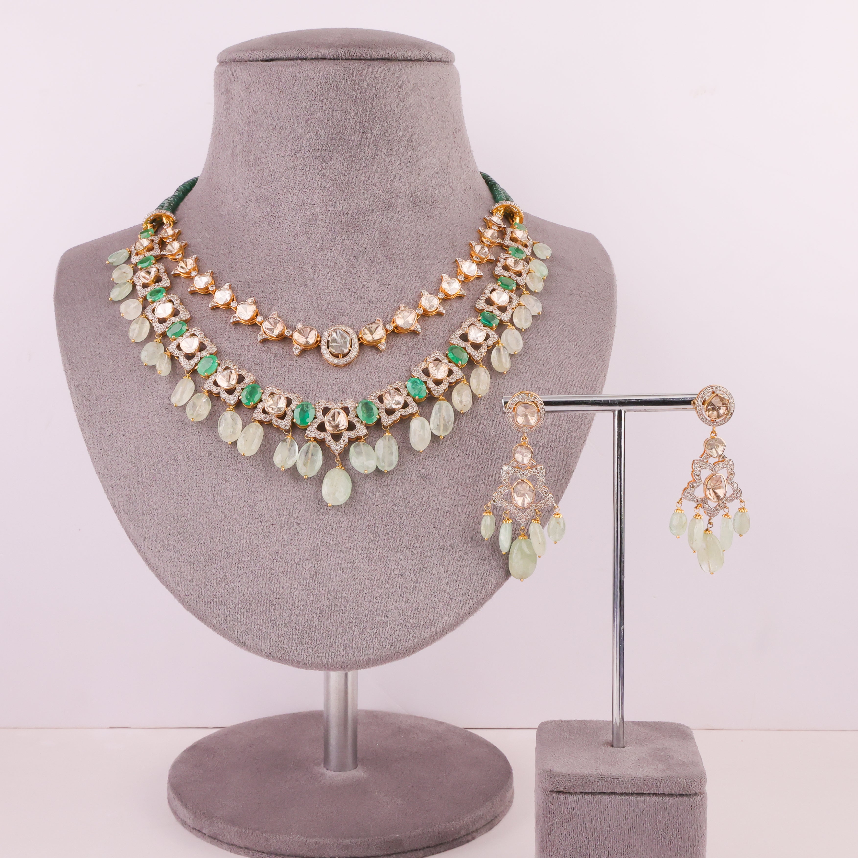 Pruvi Necklace And Seema Long Earrings Polki And Diamond Set