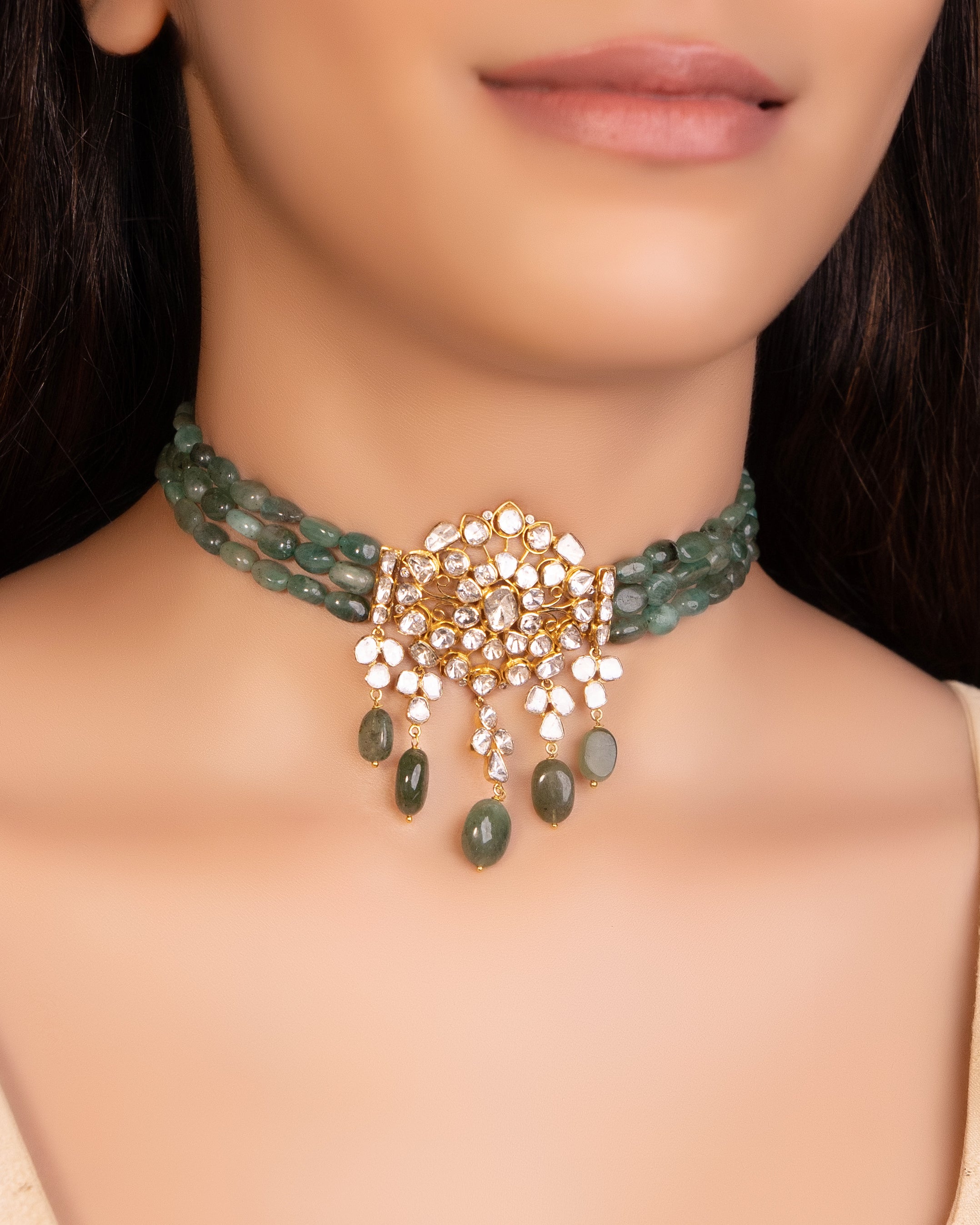 Gayatri Bead Choker And Swati Long Earrings Polki And Diamond Set