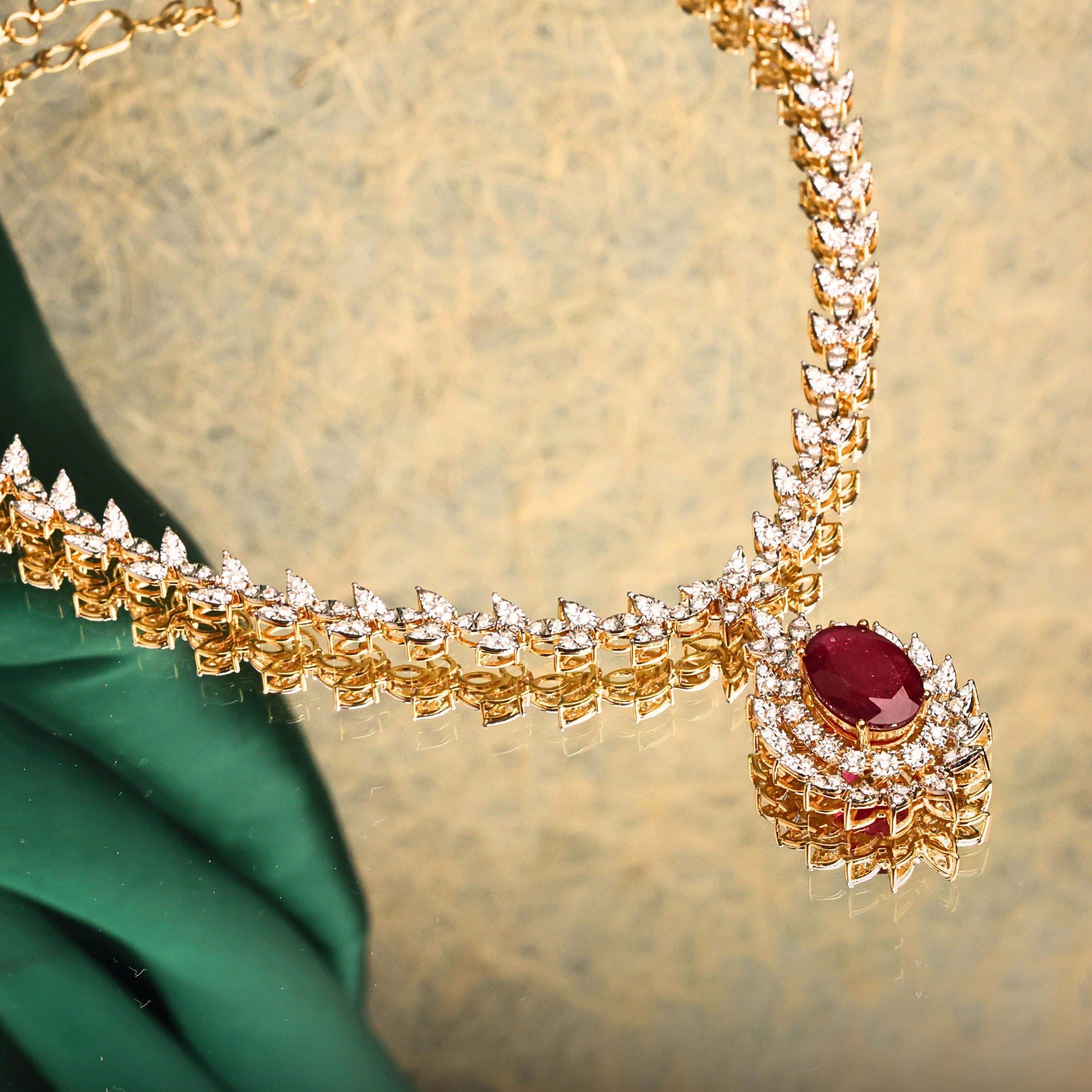 Red Stone Diamond Long Necklace Set