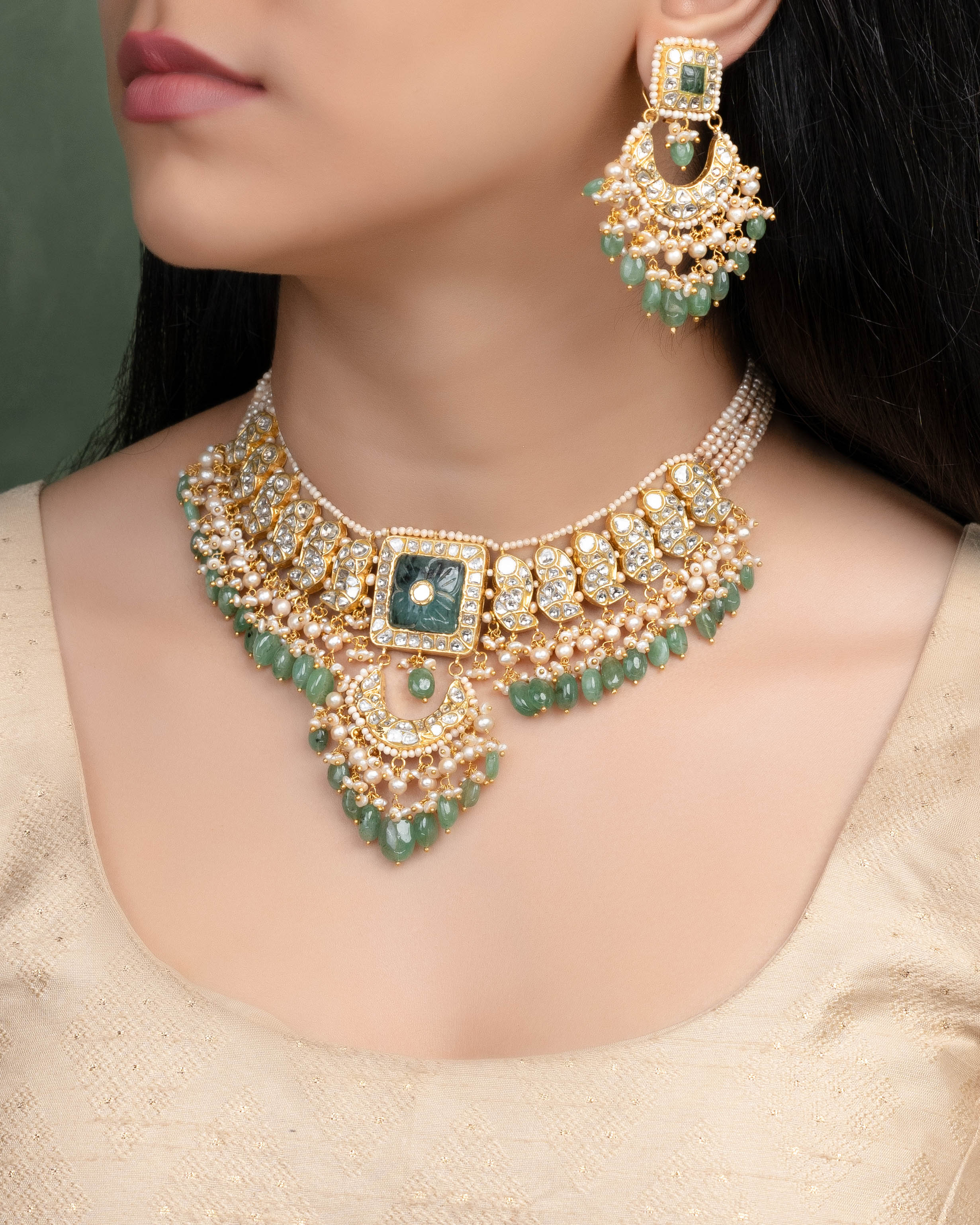 SomnaChokerAndHarvinaLongEarrings Polki Chandbalis