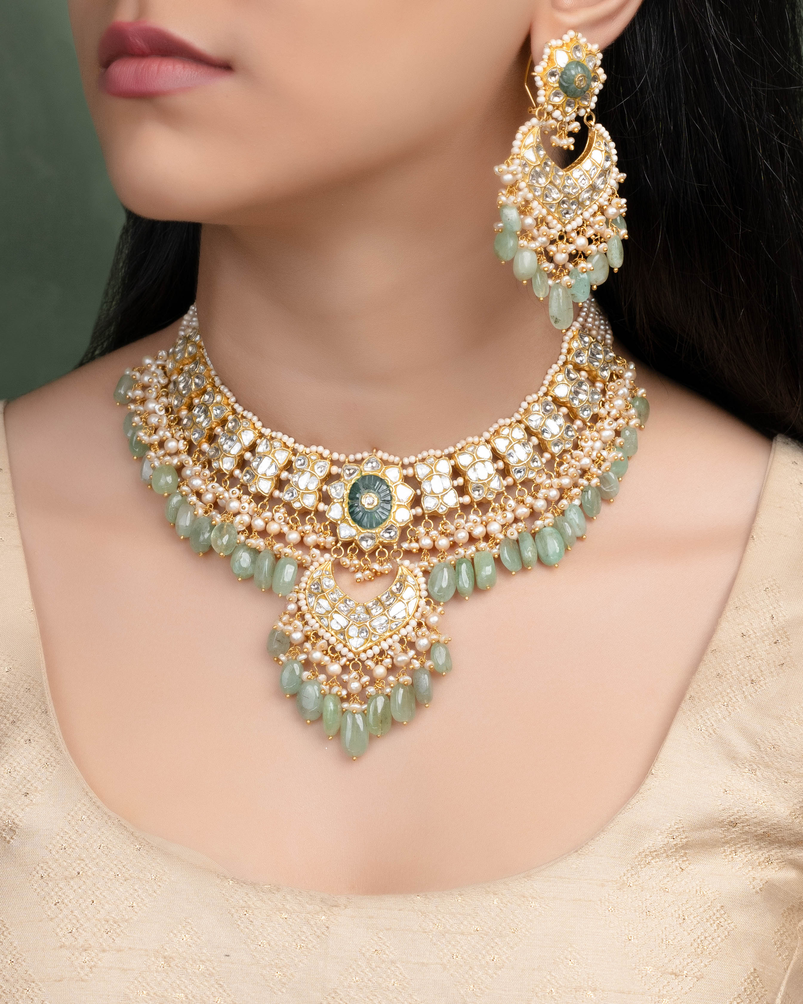 Kainath Necklace And Kaashi Chandbalis Polki Set