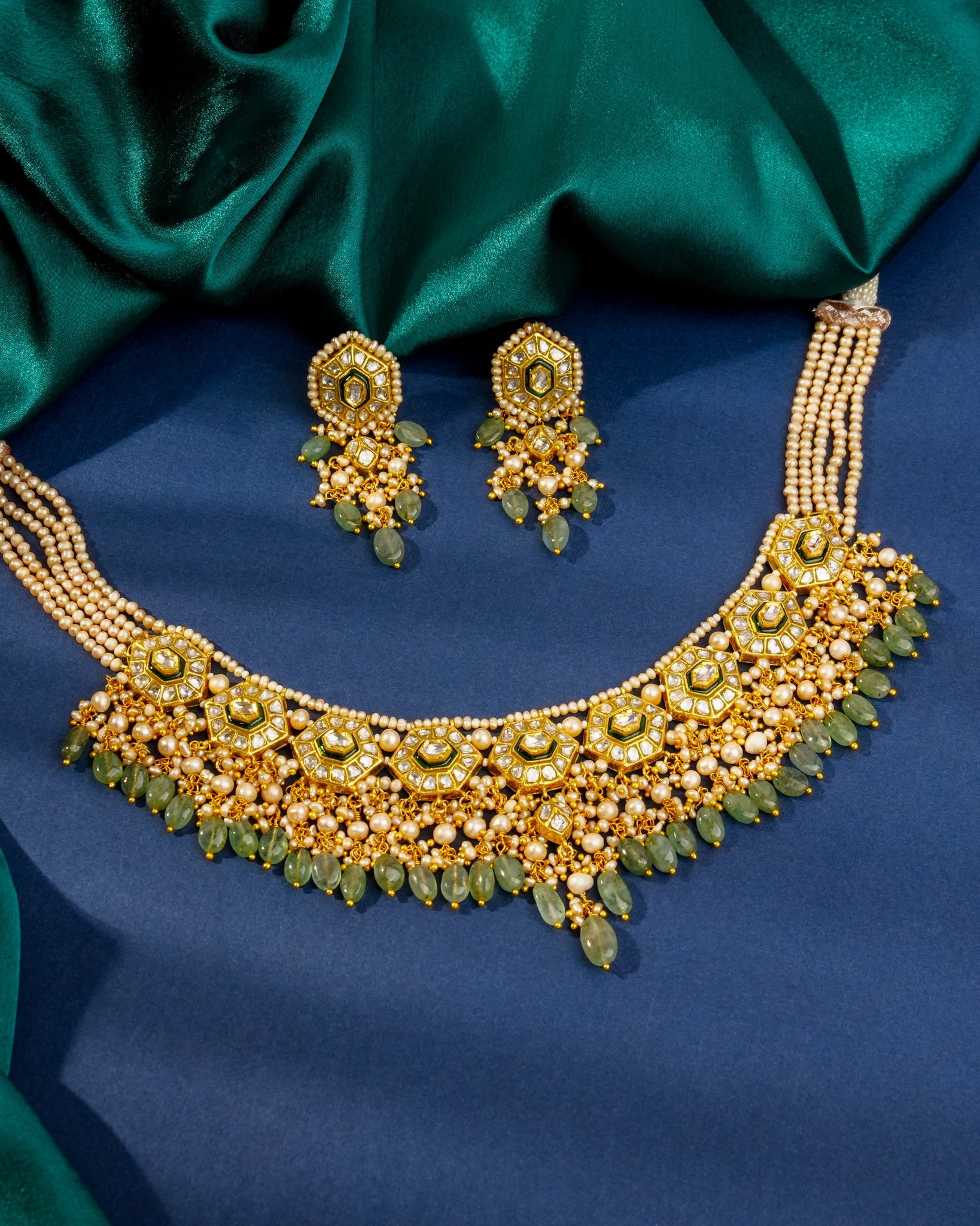 Nandini Necklace And Hanshi Long Earrings Polki Set
