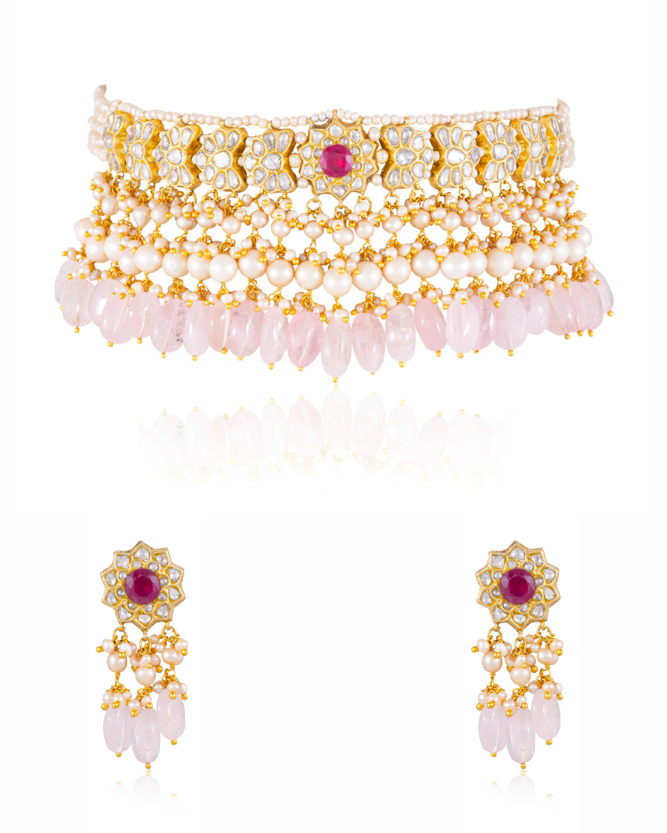 Rukshana Choker And Daziza Long Earrings Polki Set