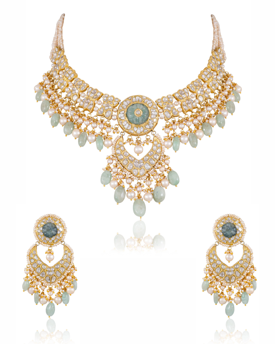 Laxshi Necklace And Kashish Chandbalis Polki Set