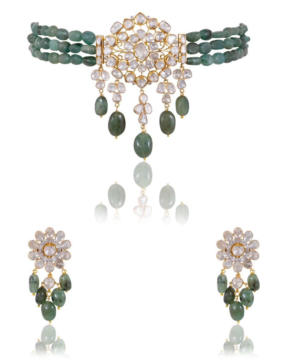 Gayatri Bead Choker And Swati Long Earrings Polki And Diamond Set