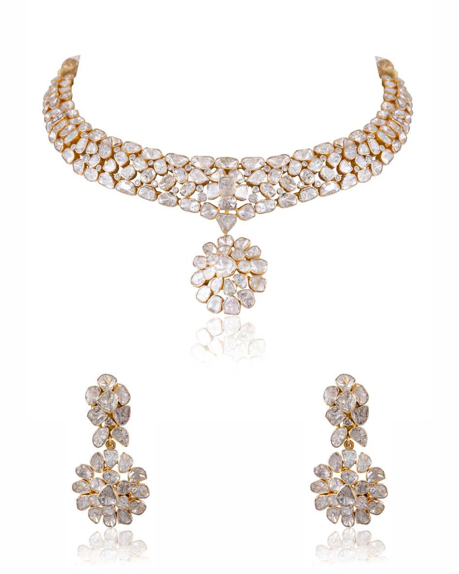 Rumi Necklace And Tanvika Long Earrings Polki And Diamond Set