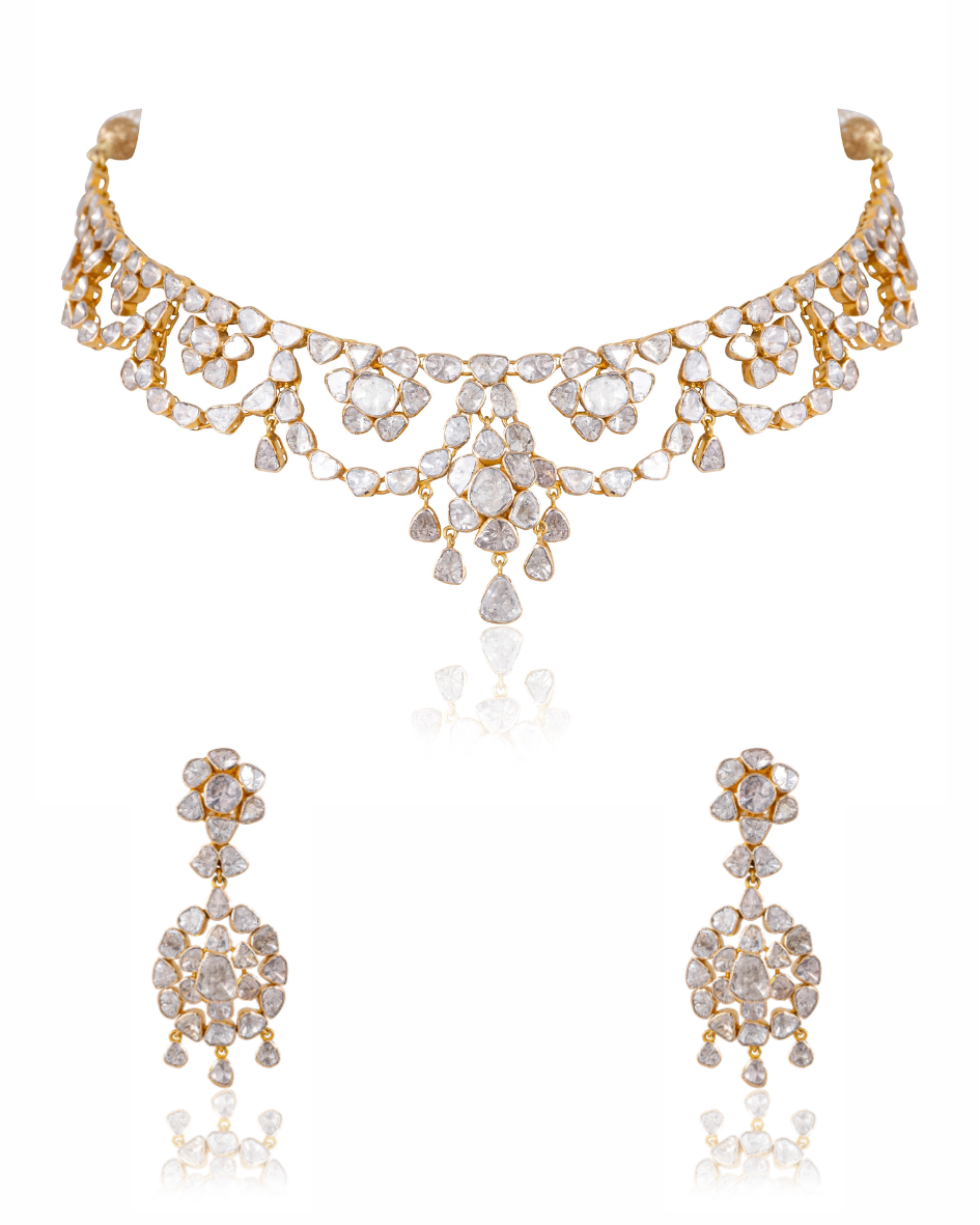 Zanaida Necklace And Rutvika Long Earrings Polki Set