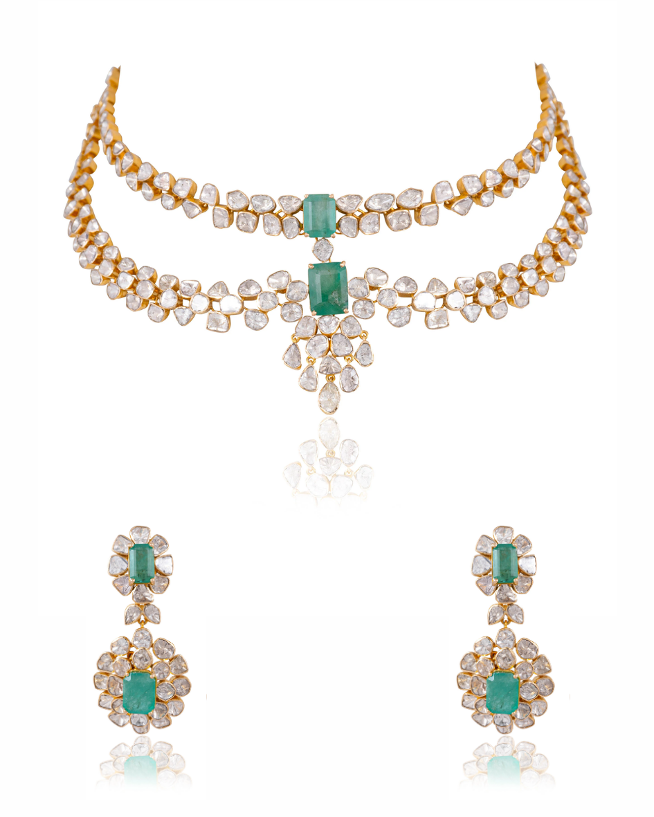 Puravi Necklace And Rushda Long Earrings Polki Set