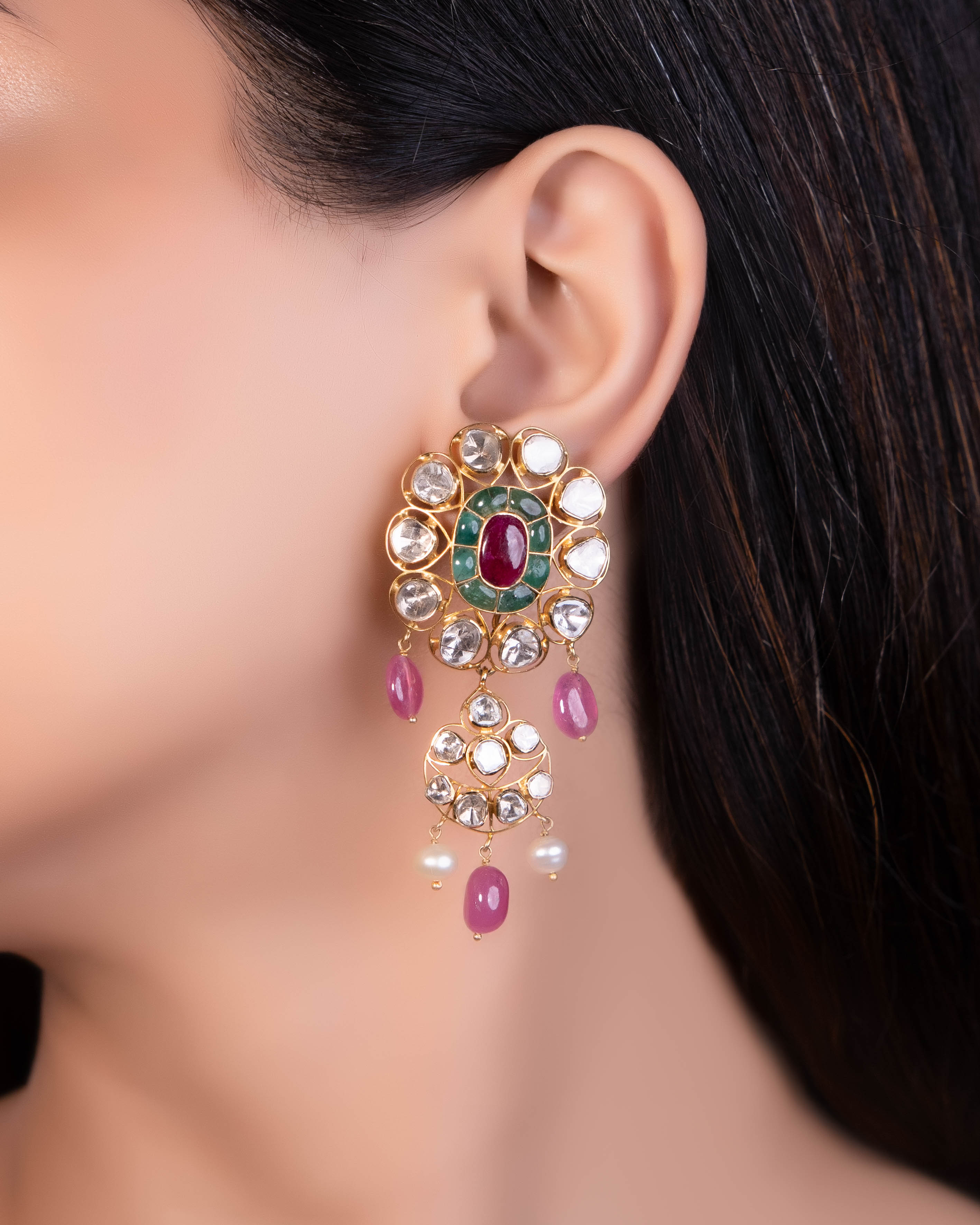 Smriti Bead Pendant And Desa Long Earrings Polki And Diamond Set