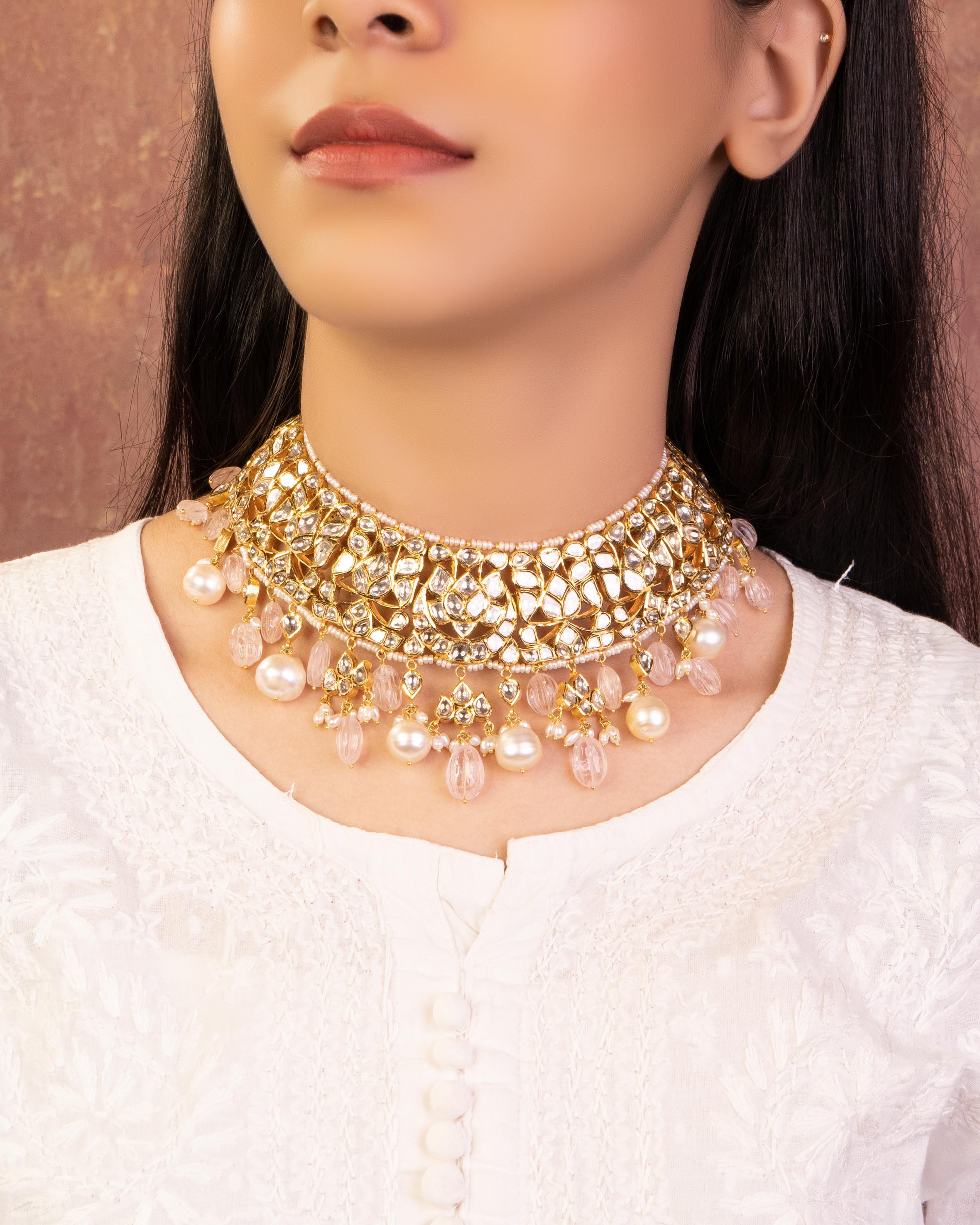 Taniya Necklace And Tronbe Long Earrings Jadau Polki Set