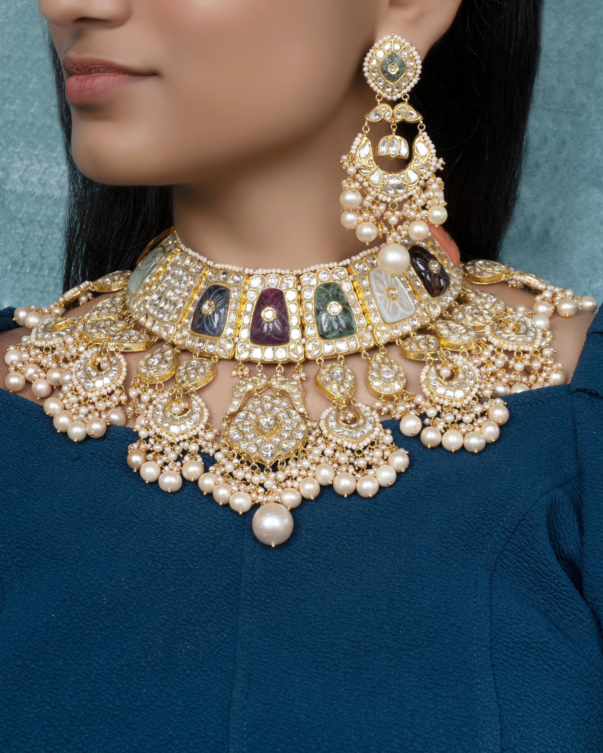 Sazai Necklace and Chahekya Chandbalis Polki Set