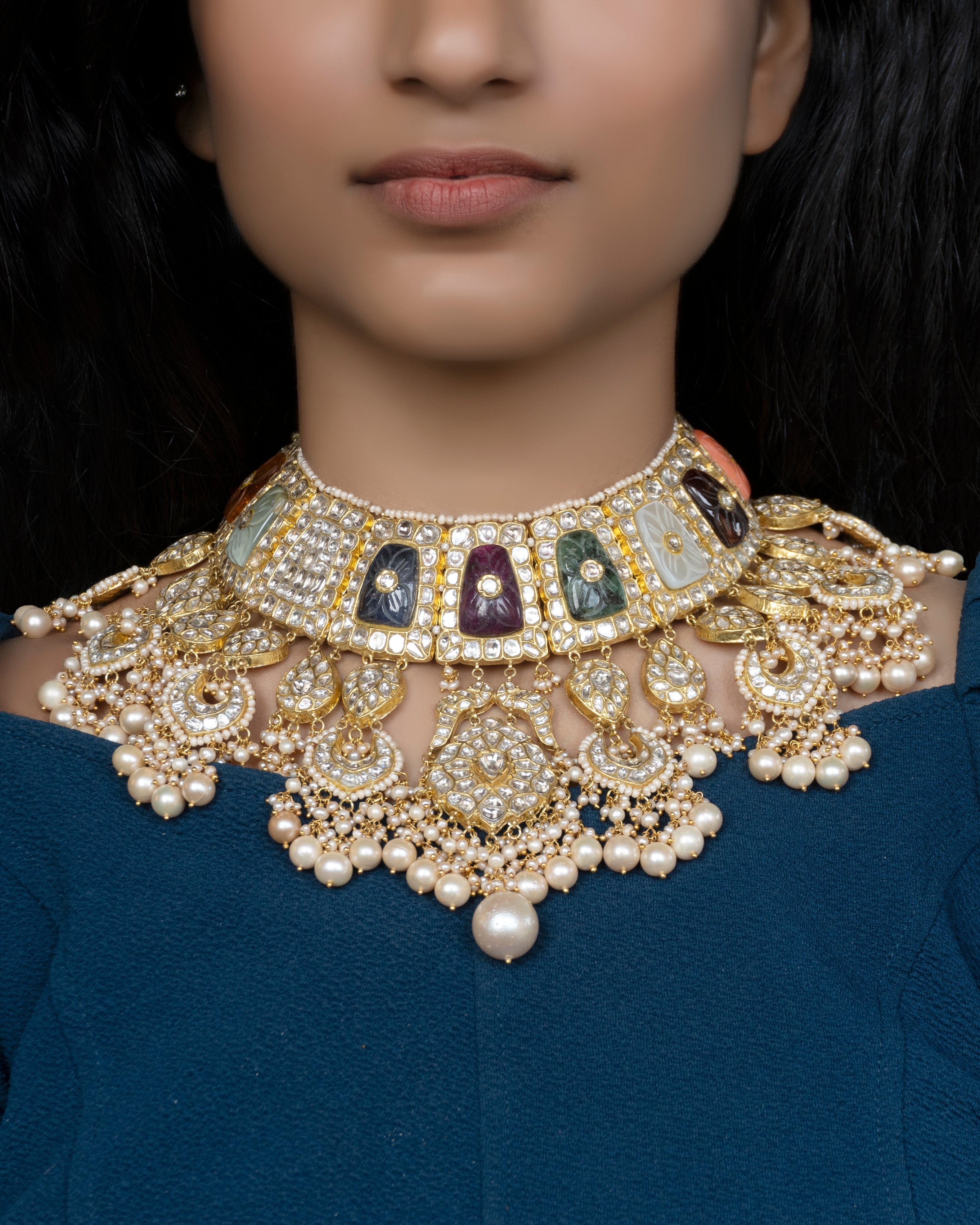 Sazai Necklace and Chahekya Chandbalis Polki Set