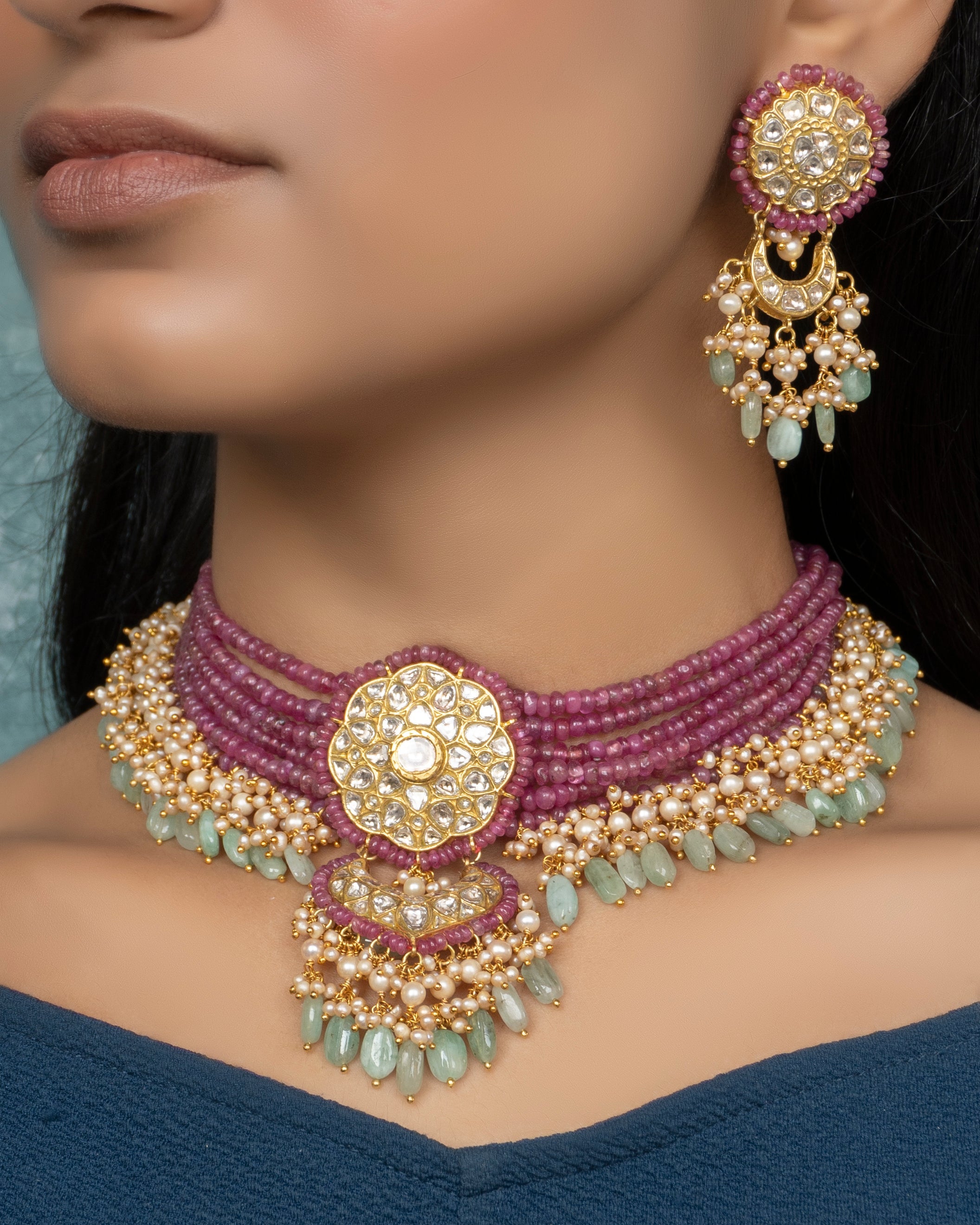 Daina Bead Choker and Panika Chandbalis Polki Set