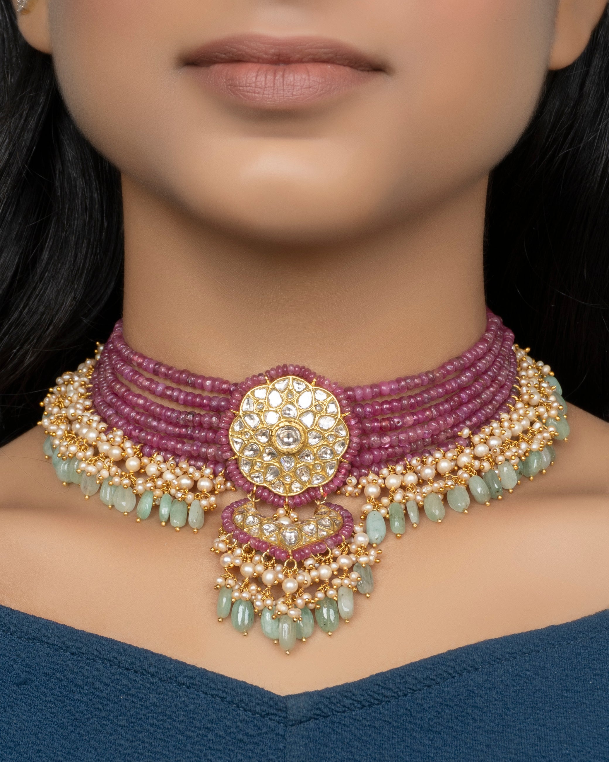 Daina Bead Choker and Panika Chandbalis Polki Set