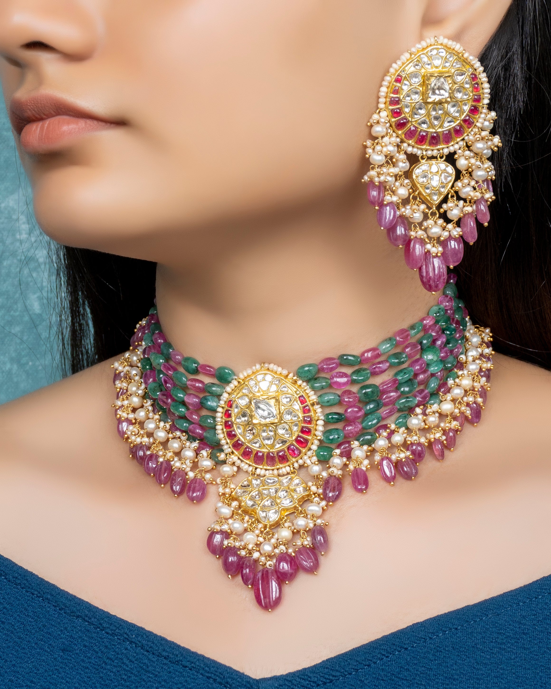 Normani Bead Choker and Tejal Long Earrings Polki Set