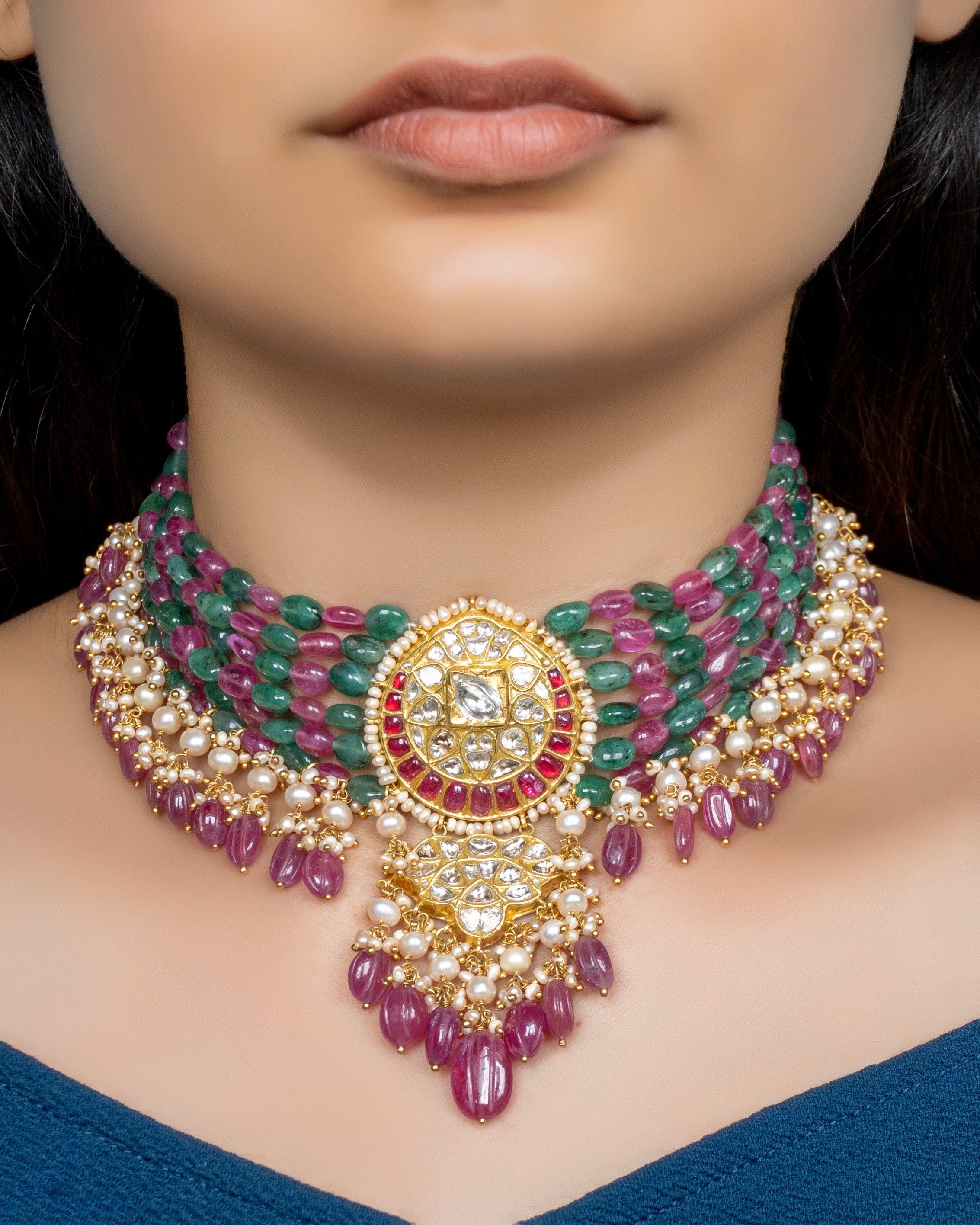 Normani Bead Choker and Tejal Long Earrings Polki Set