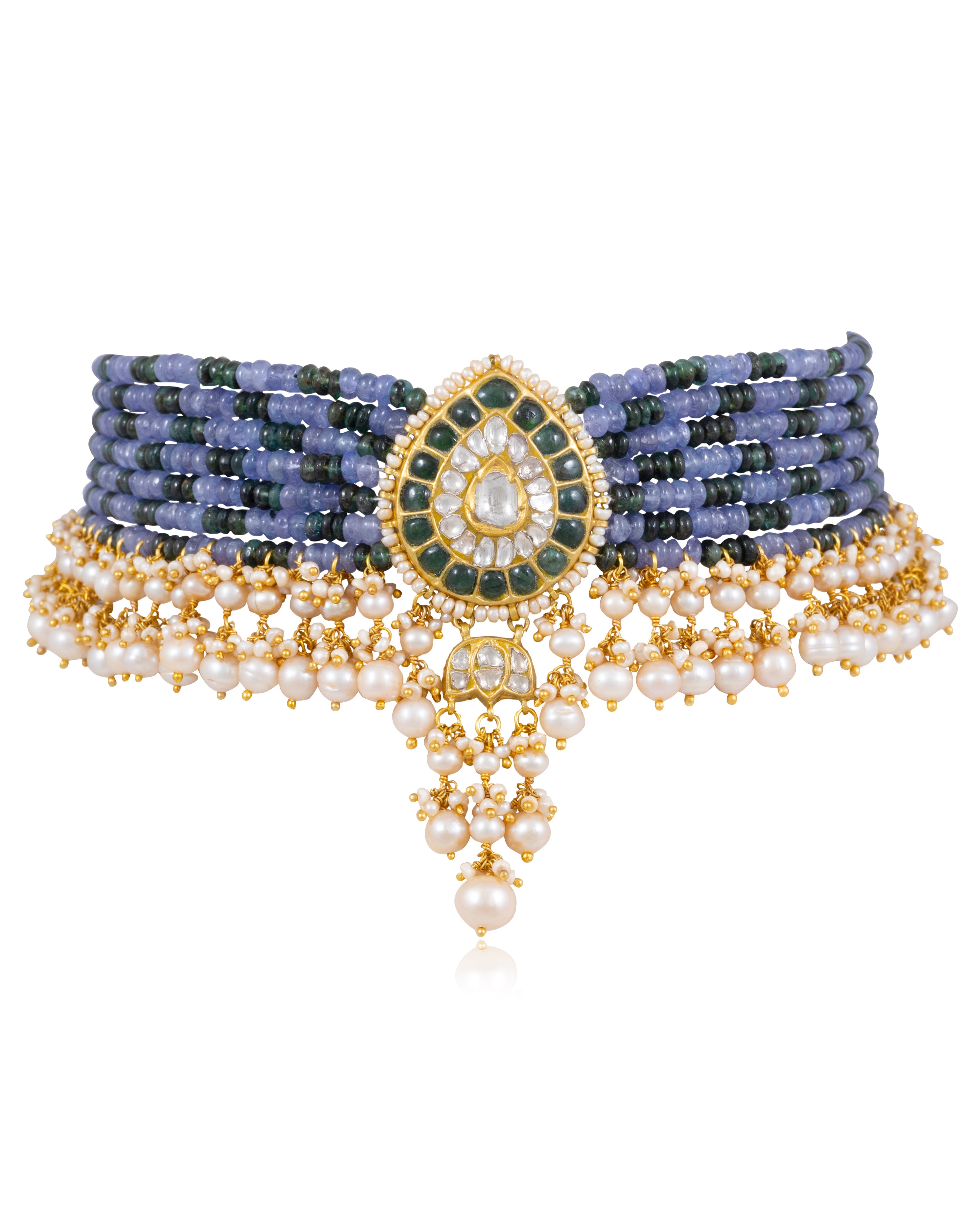 Mitika Bead Choker and Rucheeka Long Earrings Polki Set