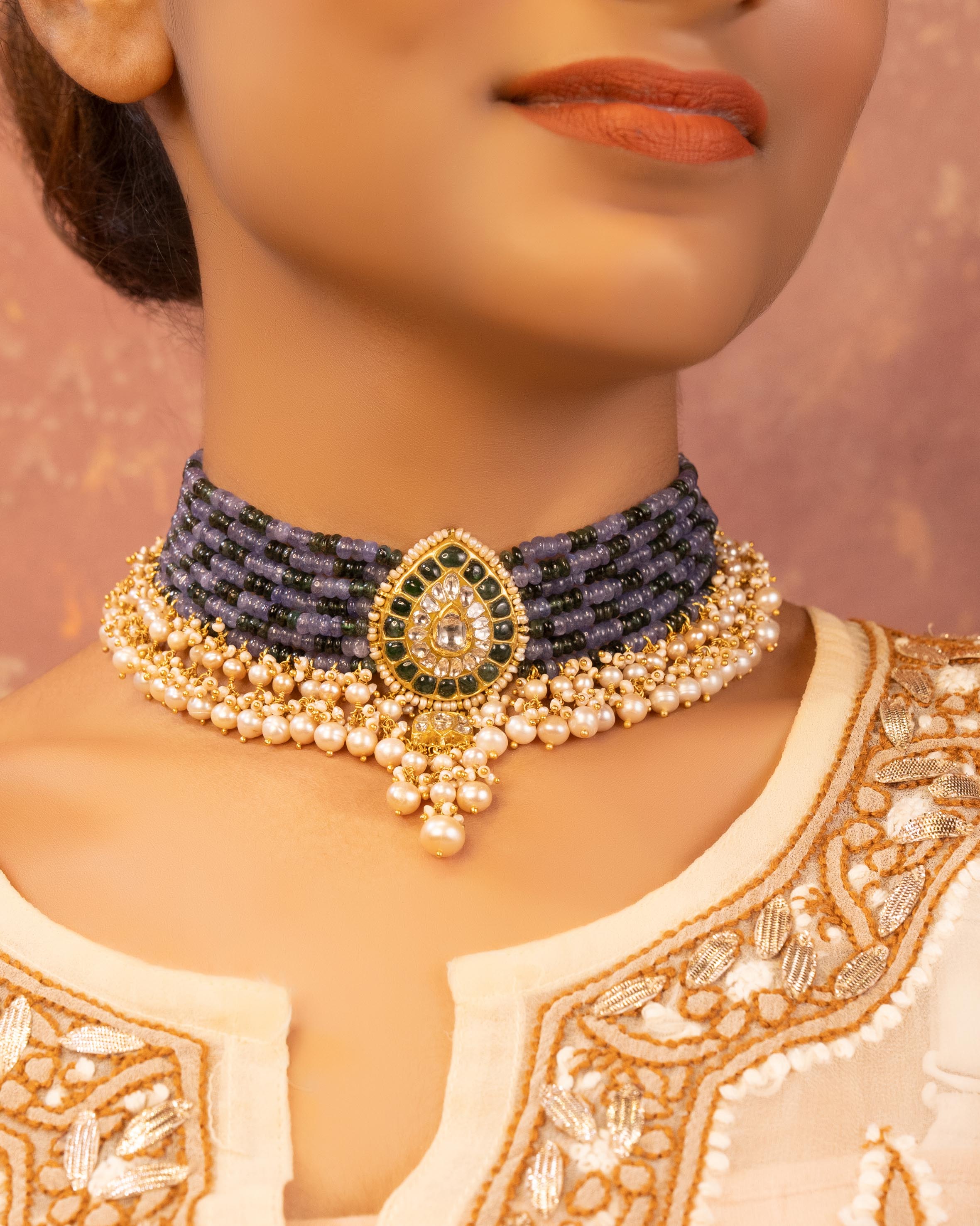 Mitika Bead Choker and Rucheeka Long Earrings Polki Set