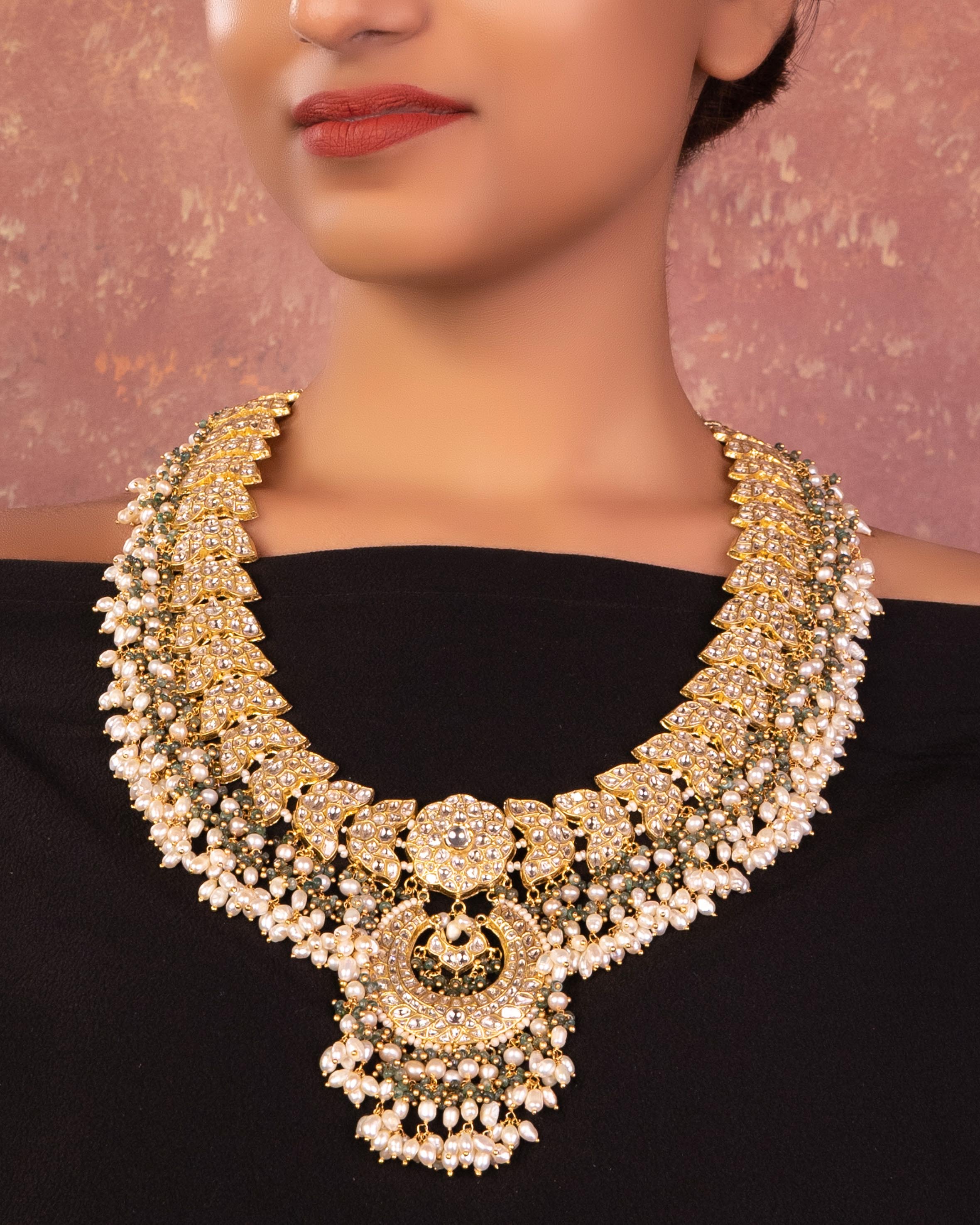 Yamuna Long Necklace And Swarna Chandbalis Polki Set