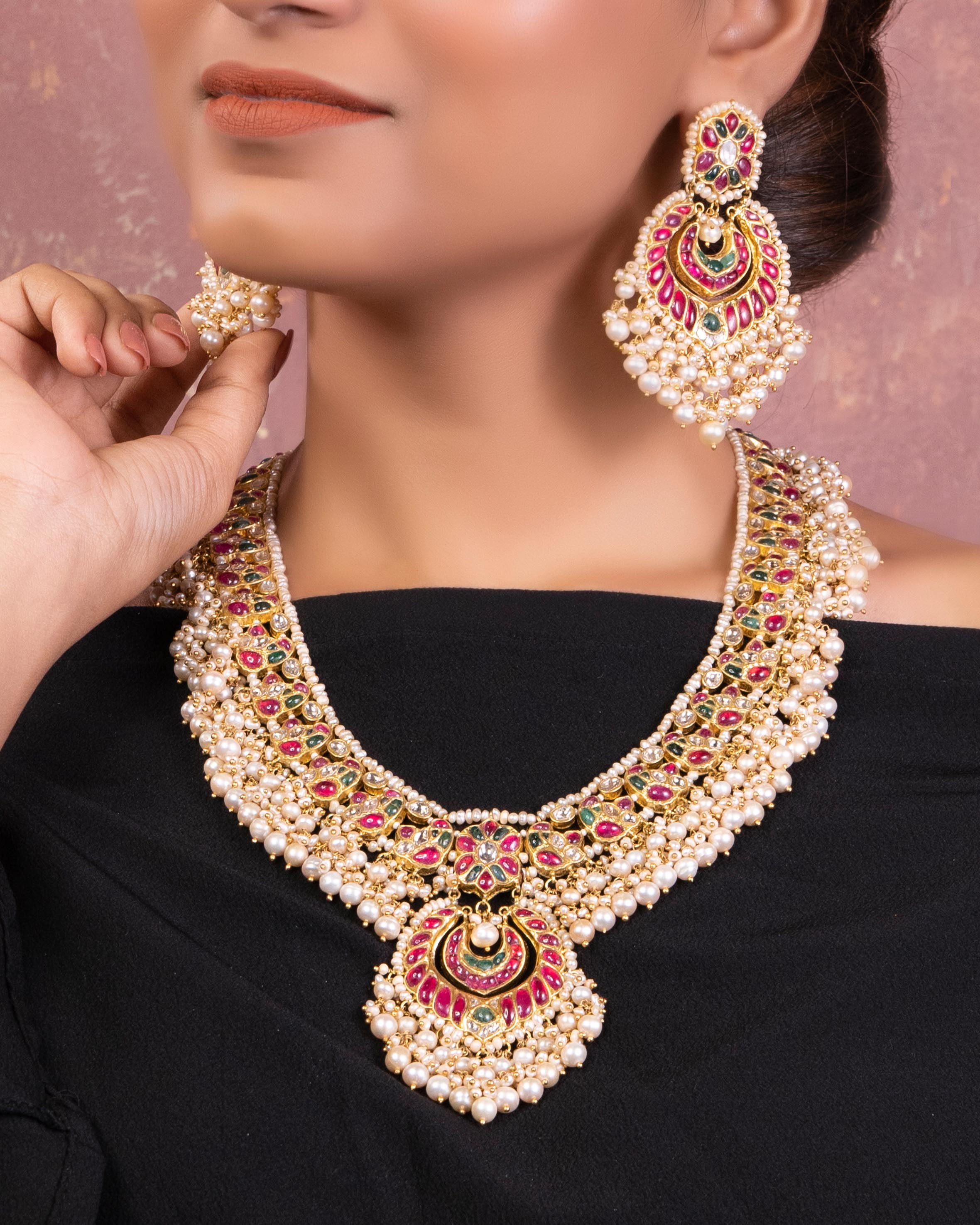 Ratna Long Necklace And Brinda Chandbalis Polki Set
