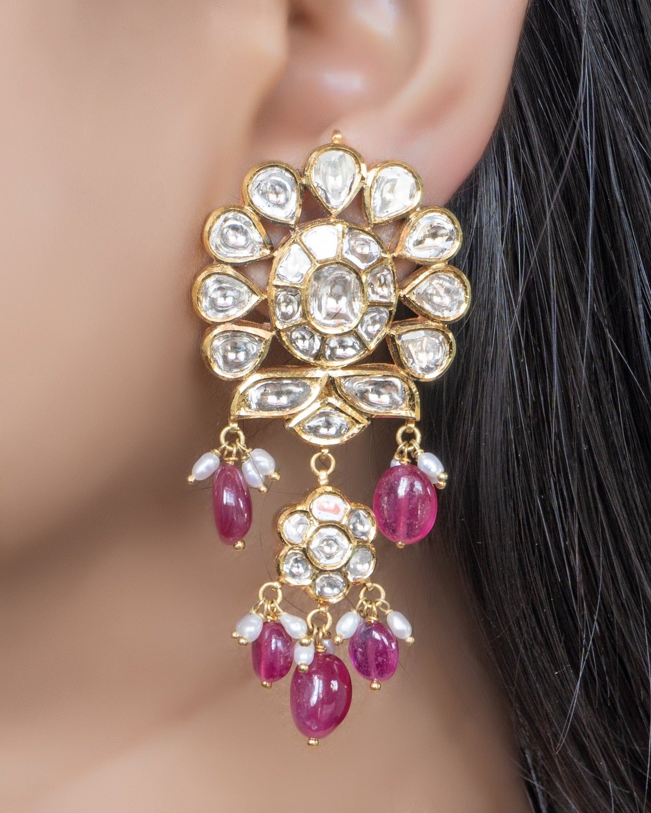 Taniya Necklace And Tronbe Long Earrings Jadau Polki Set