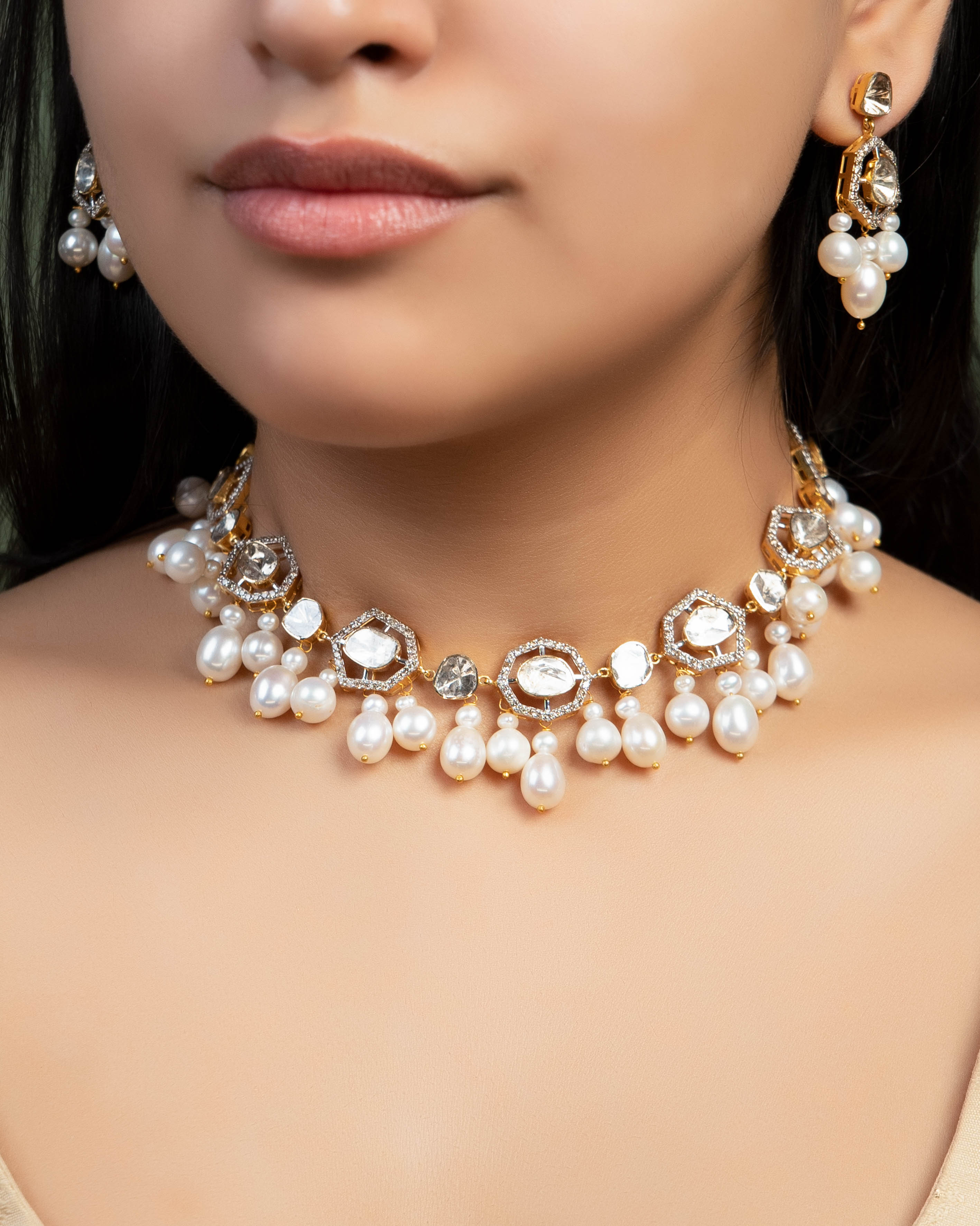 Diana Choker And Nelisha Long Earrings Polki And Diamond Set