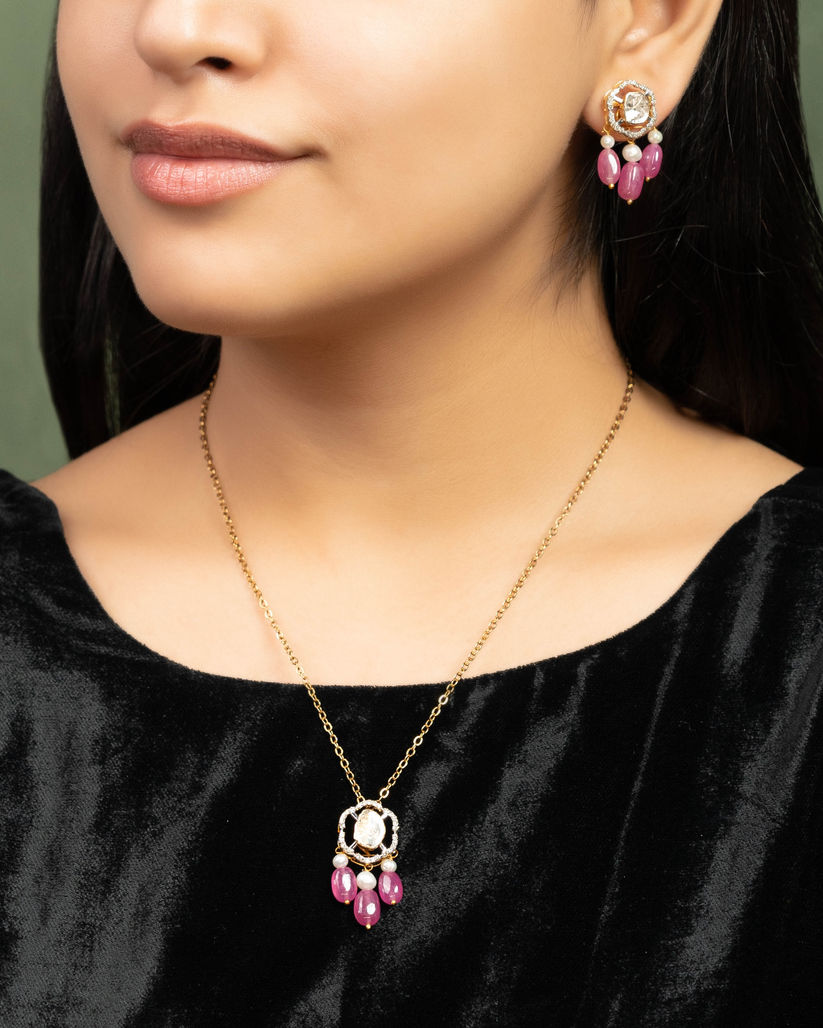 Priti Pendant And Nigar Tops Polki And Diamond Set