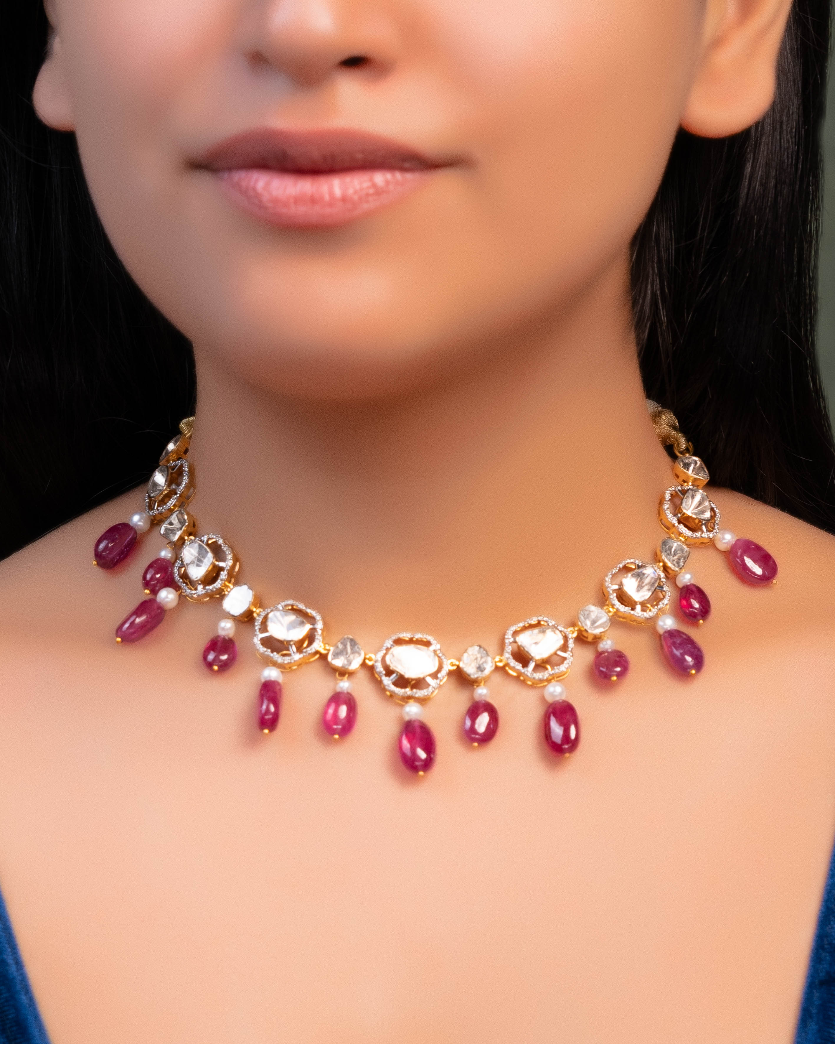 Katha Choker And Vinayaki Long Earrings Polki And Diamond Set