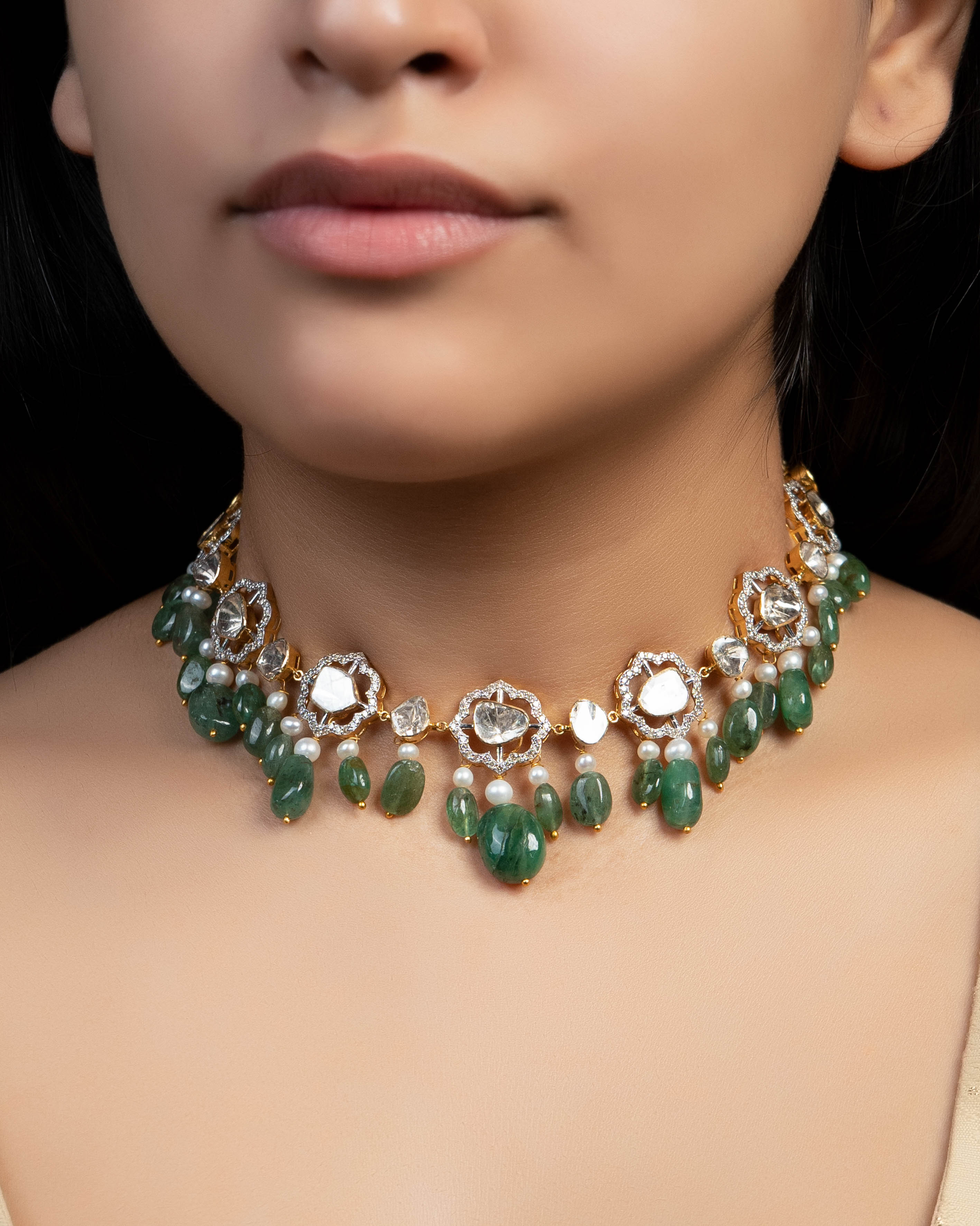 Aayna Choker And Vani Long Earrings Polki And Diamond Set