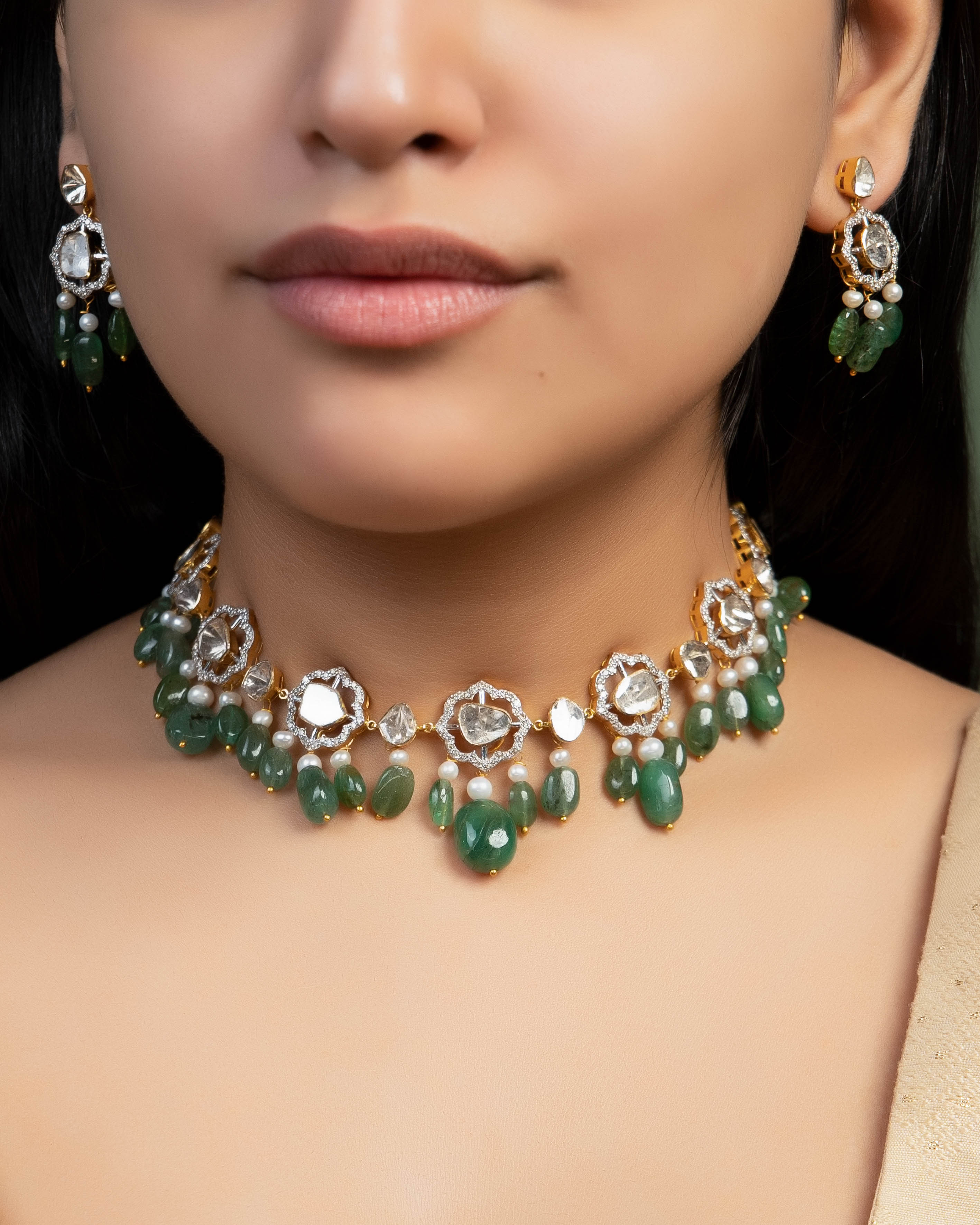 Aayna Choker And Vani Long Earrings Polki And Diamond Set