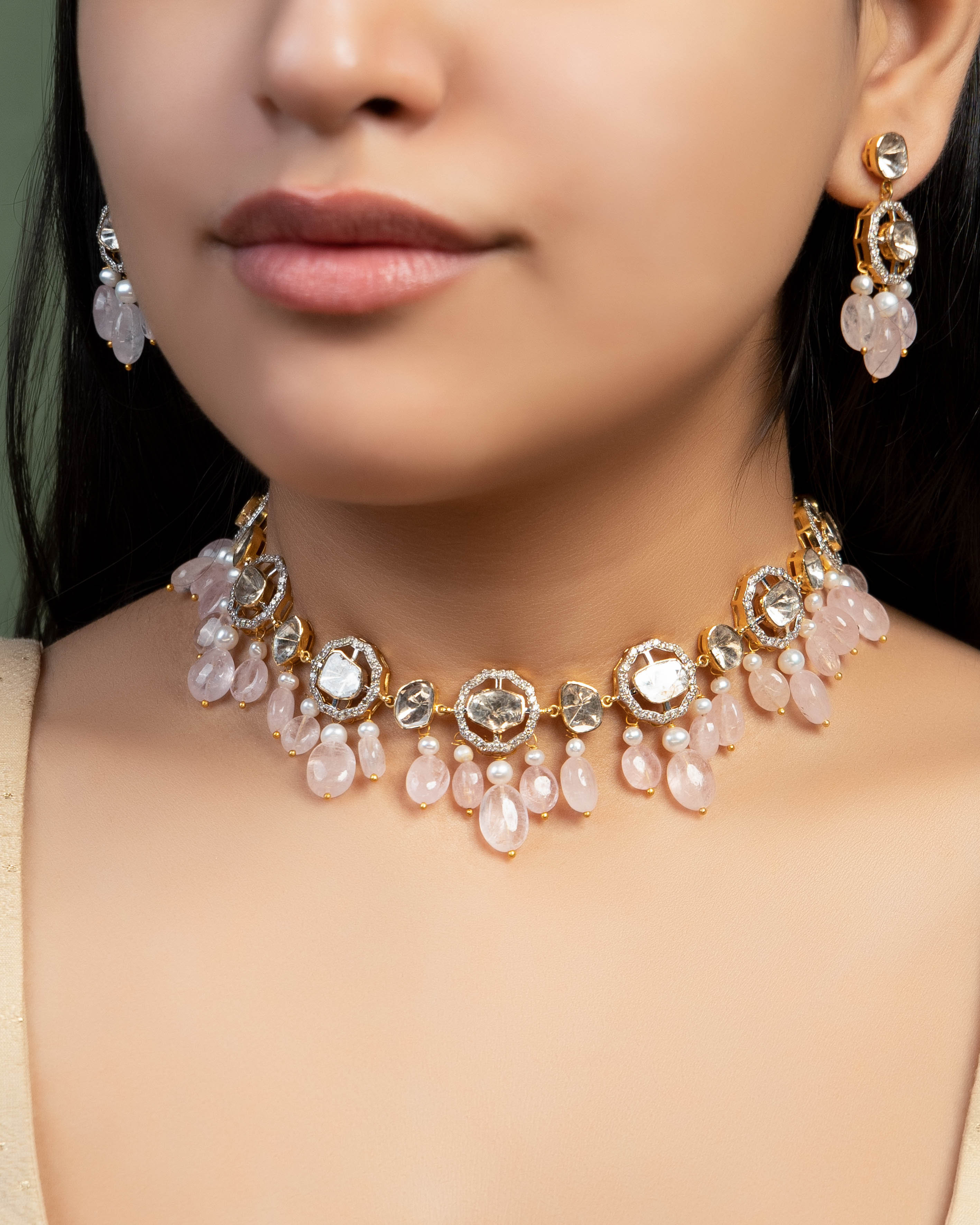 Tina Choker And Tatiana Long Earrings Polki And Diamond Set
