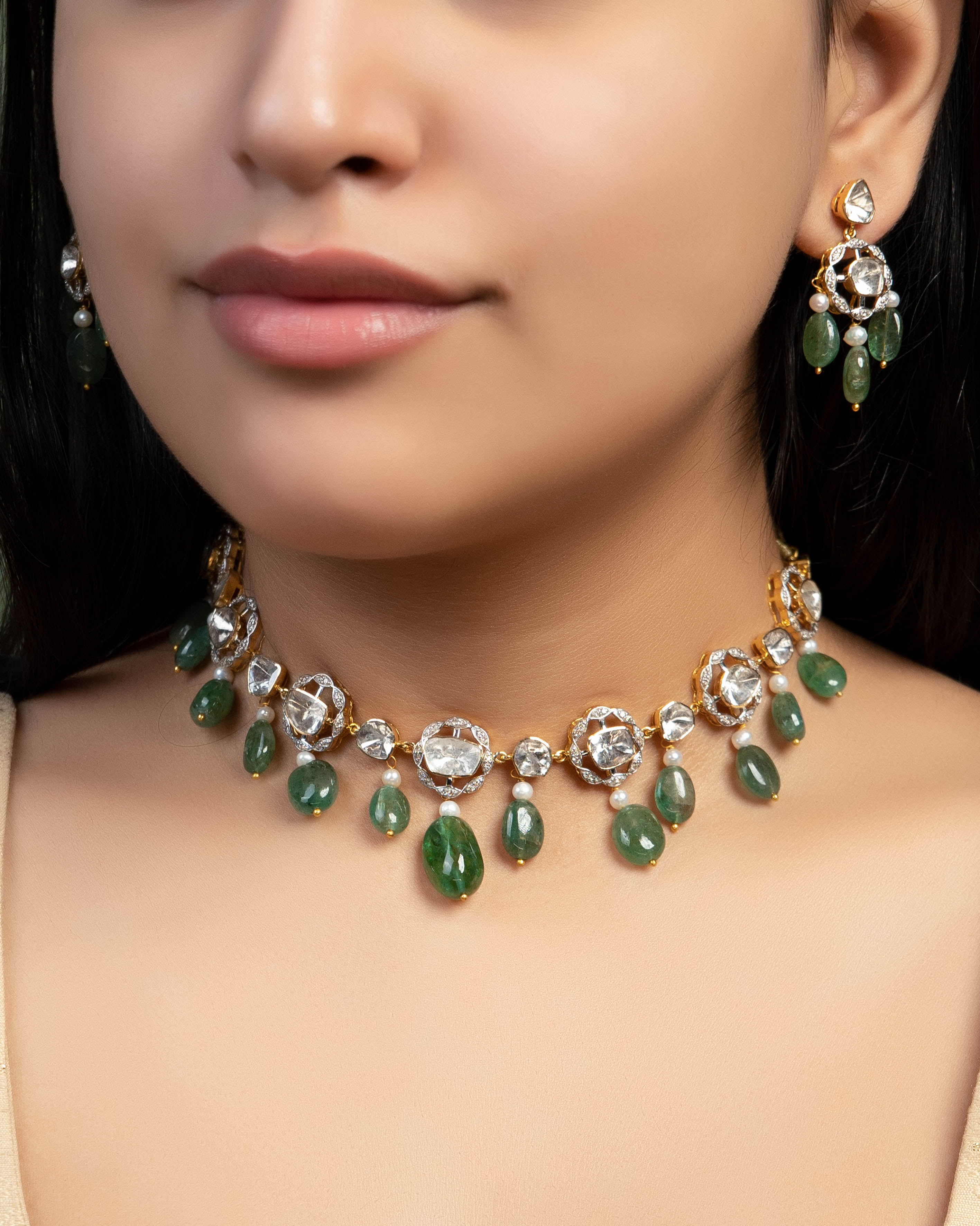 Trisha Choker And Farzana Long Earrings Polki And Diamond Set