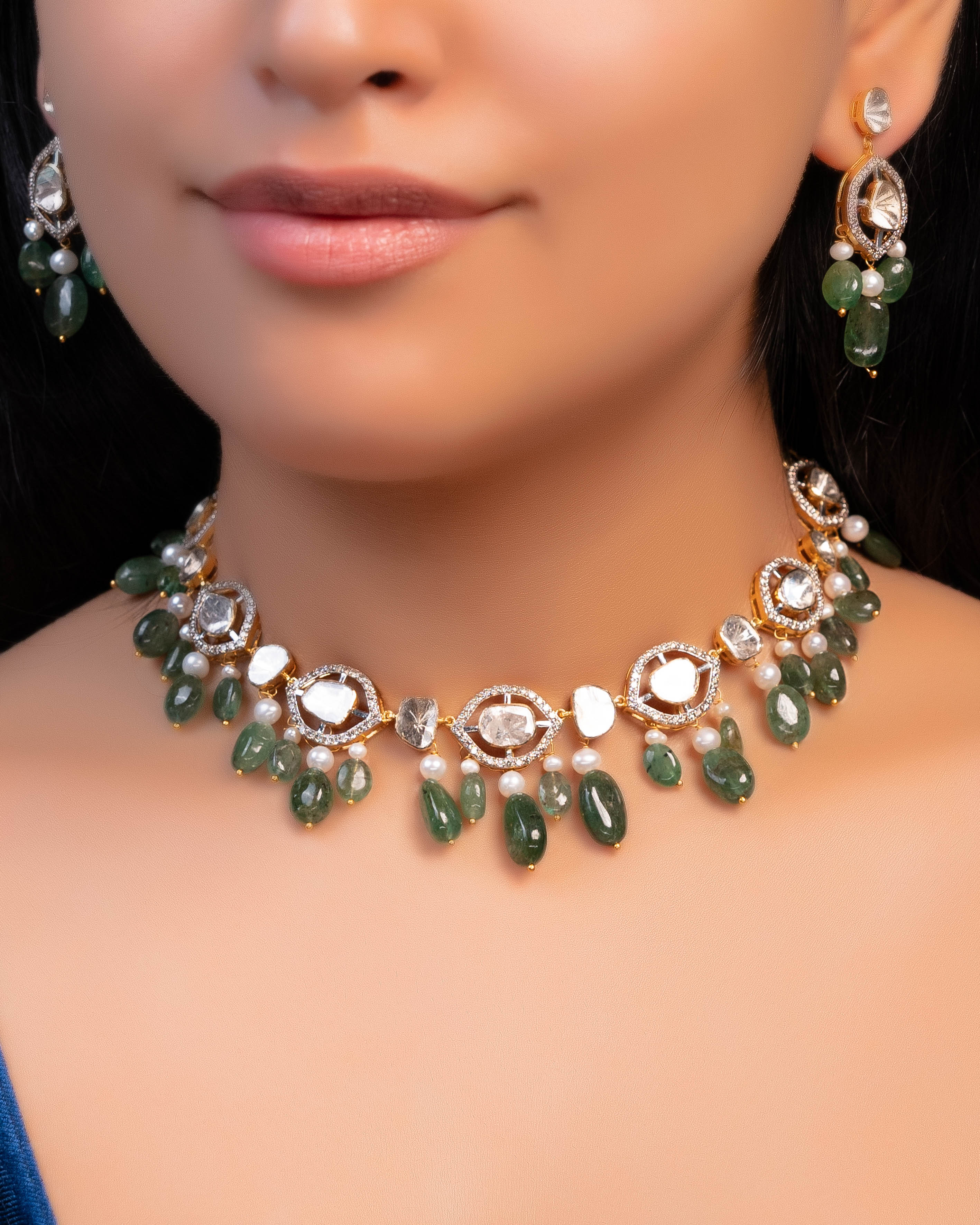 Maithili Choker And Cammy Long Earrings Polki And Diamond Set