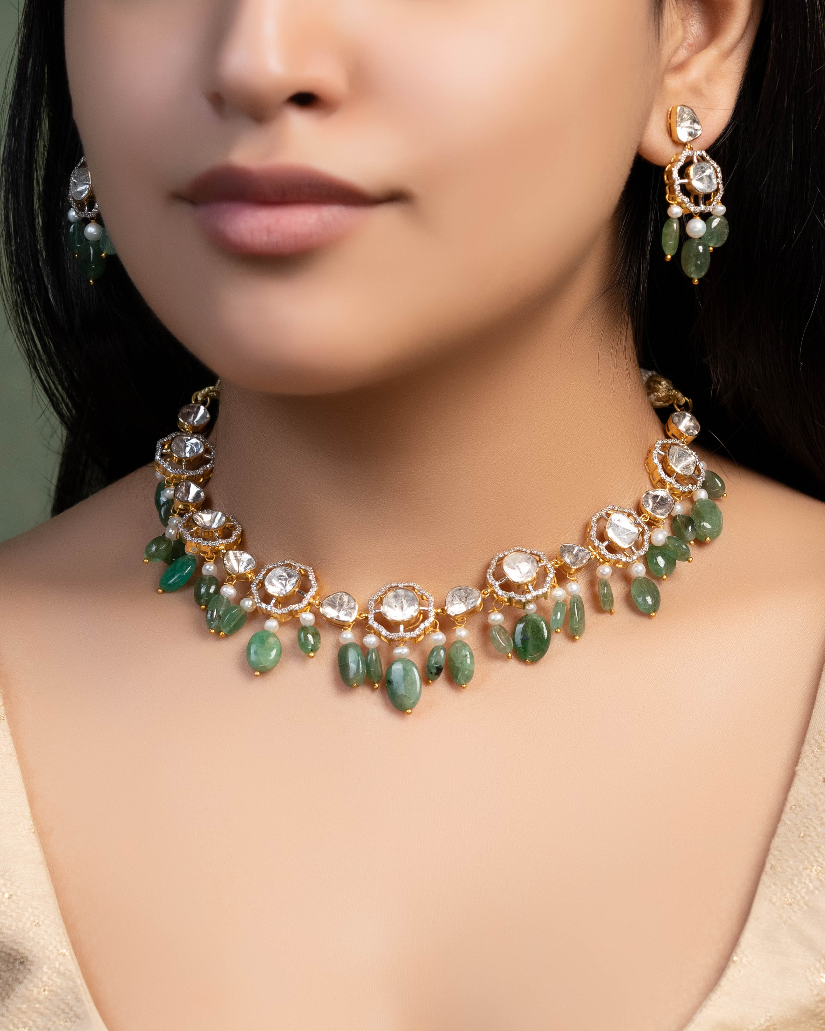 Matsya Choker And Tara Long Earrings Polki And Diamond Set