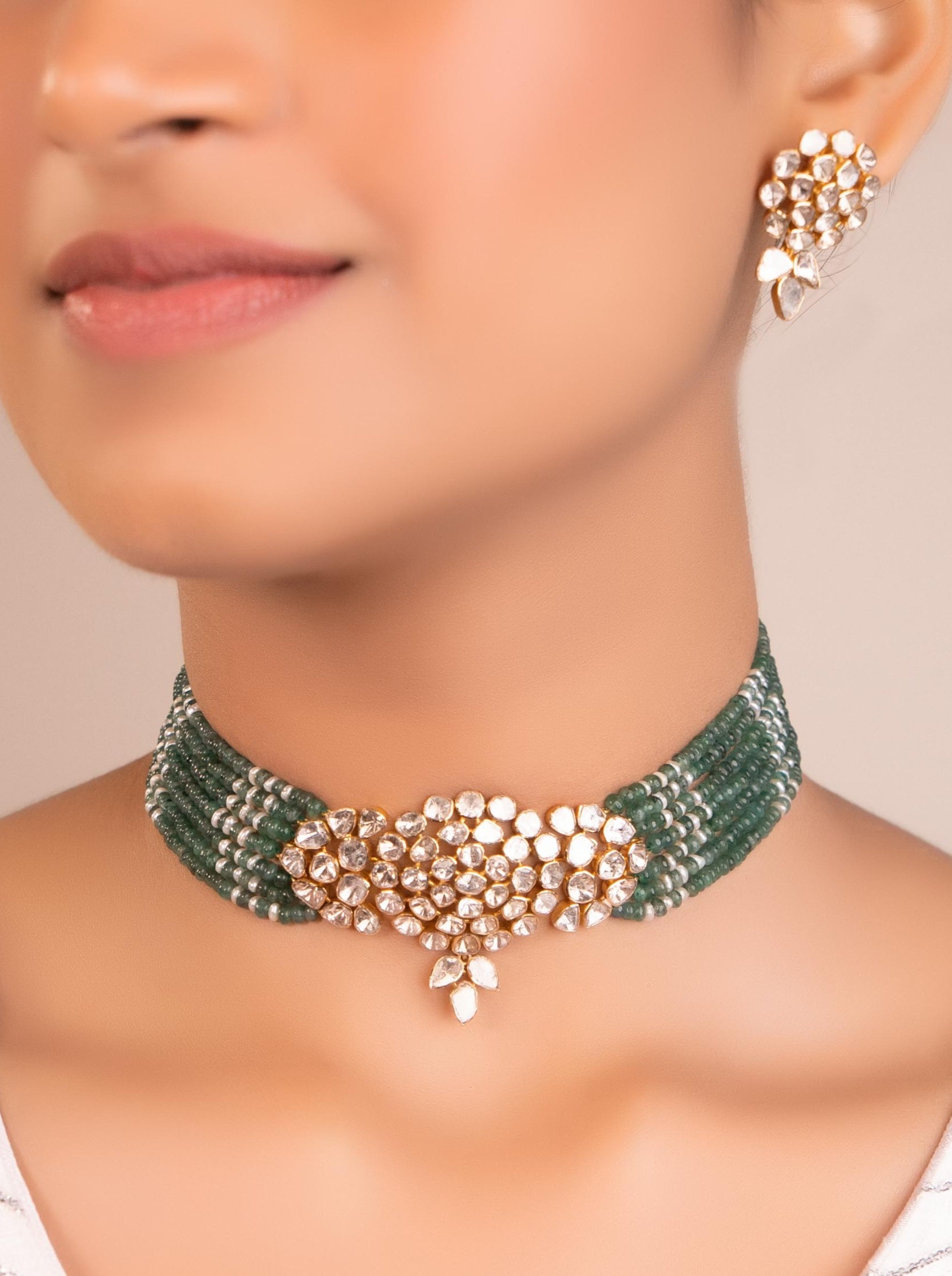 Rutuja Bead Choker And Elisha Long Earrings Polki Set