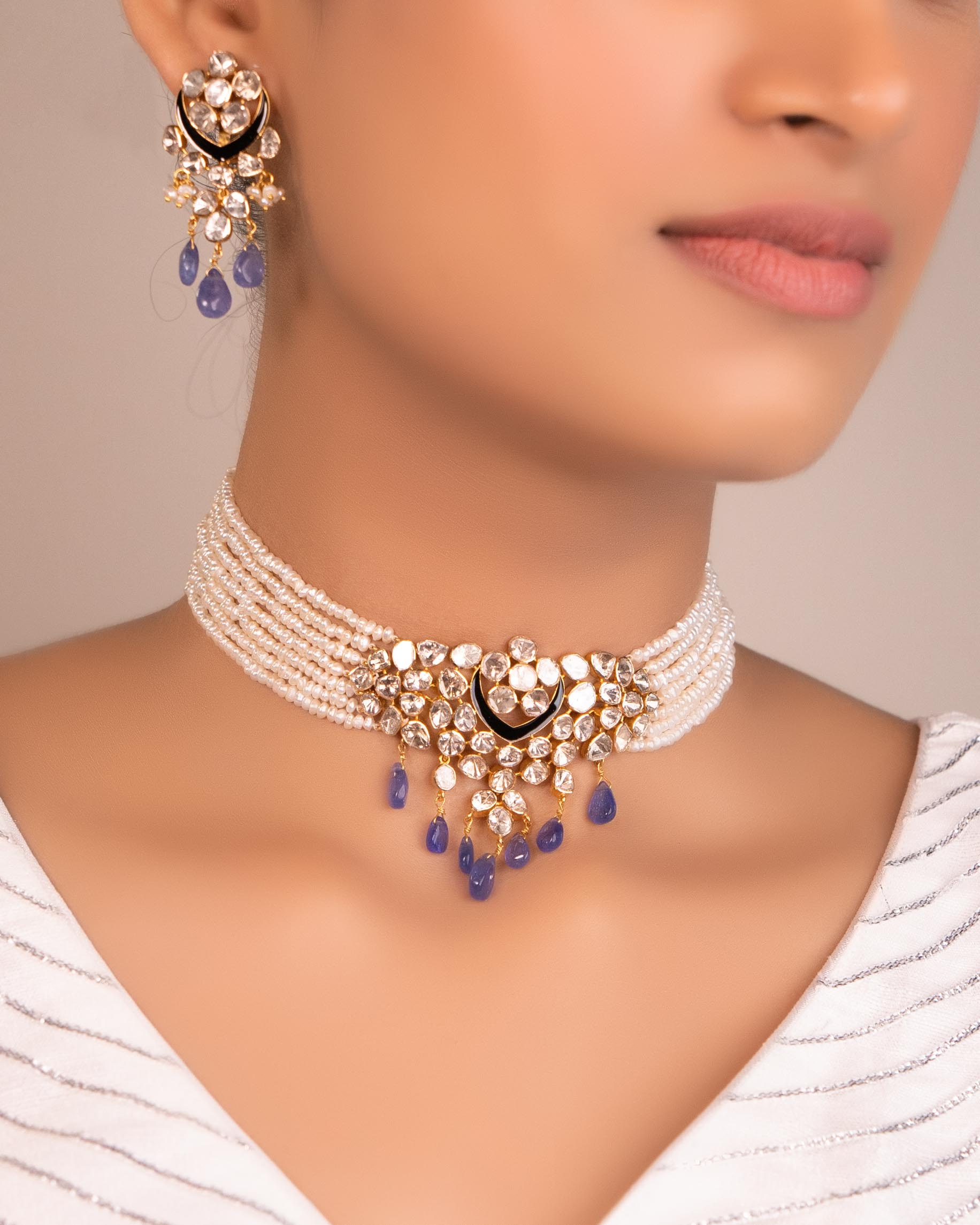 Ritu Bead Choker And Sophia Long Earrings Polki Set