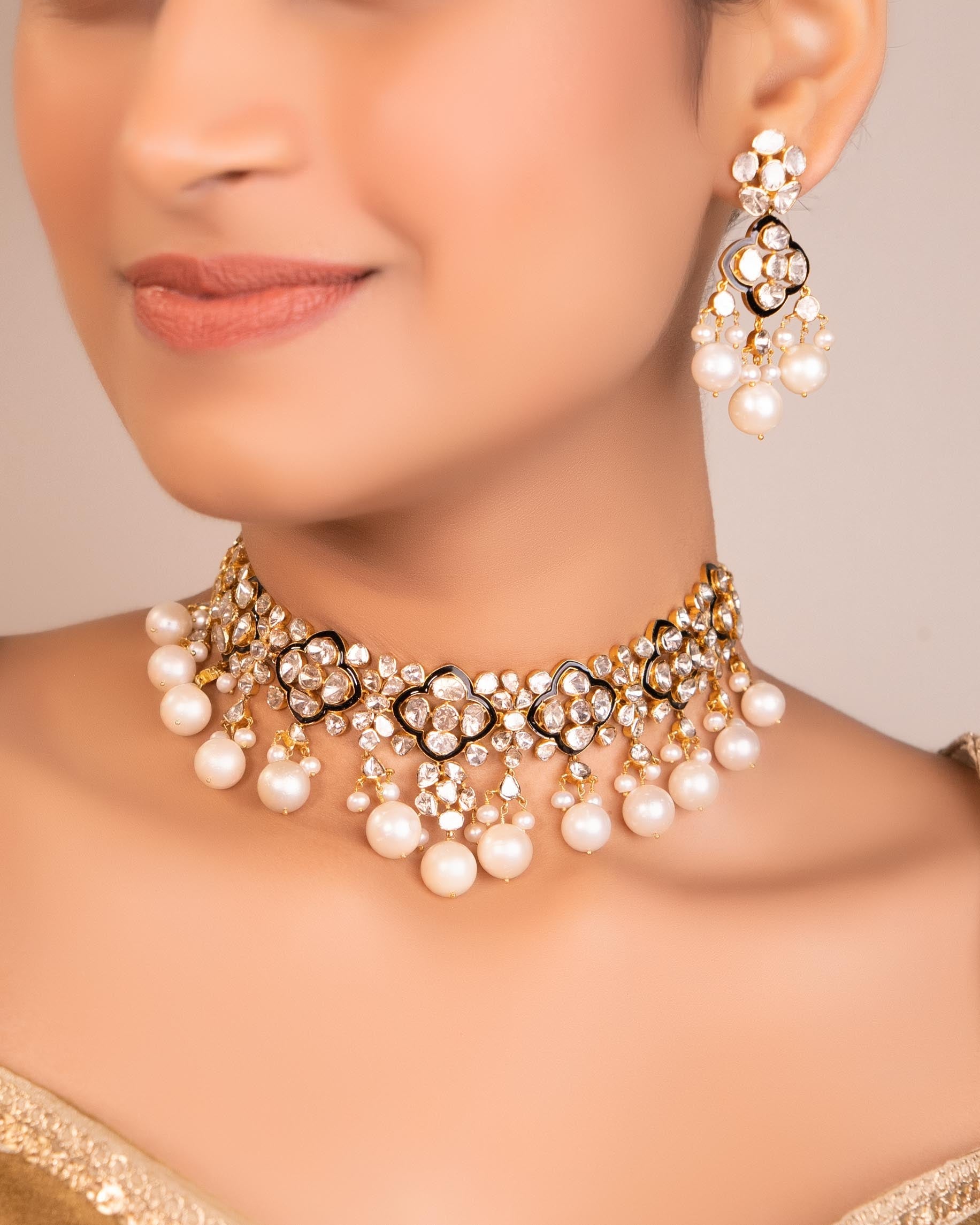 Vida Choker And Casandra Long Earrings Polki Set