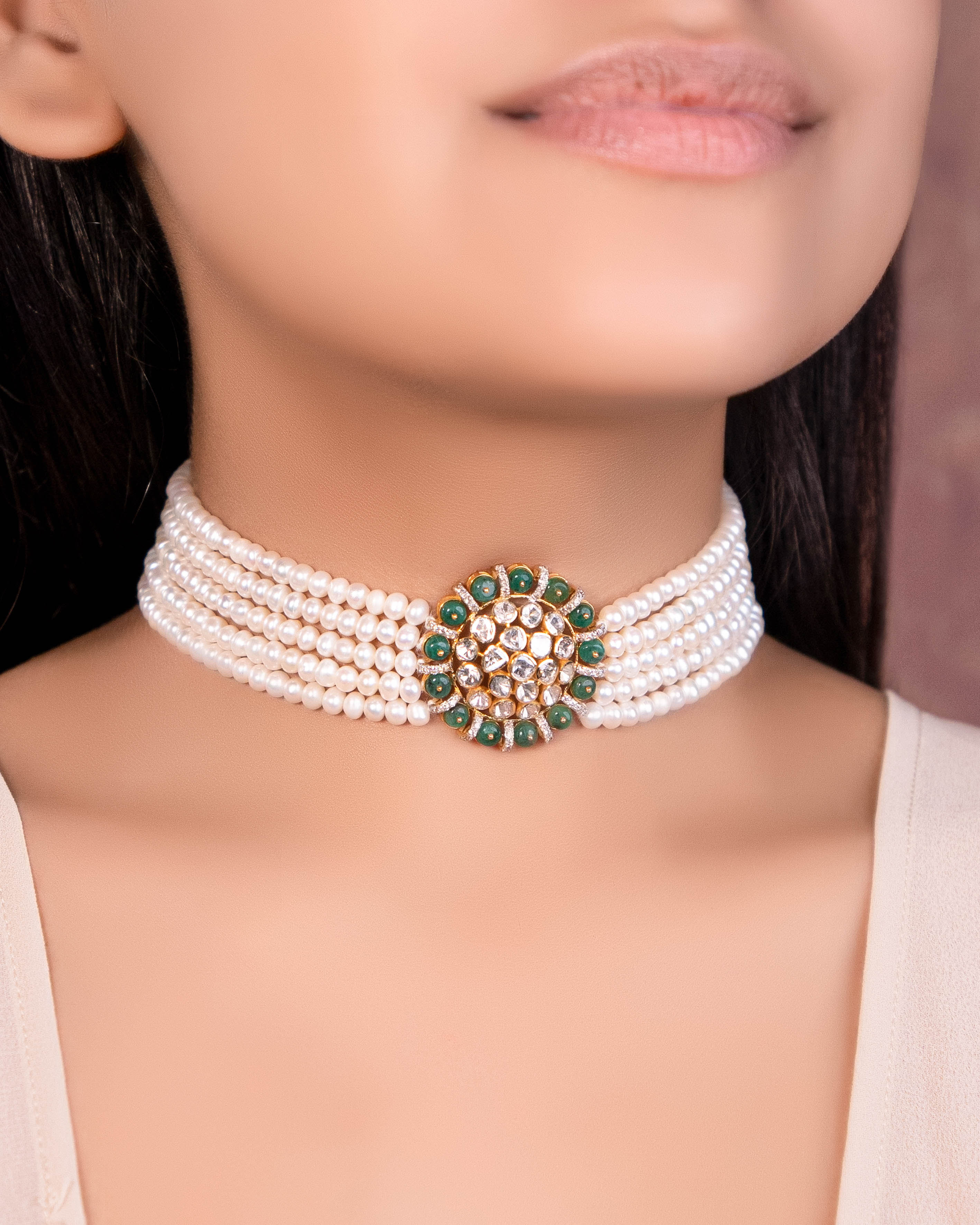 NO ORDERS - Ameena Bead Choker And Malani Tops Polki And Diamond Set